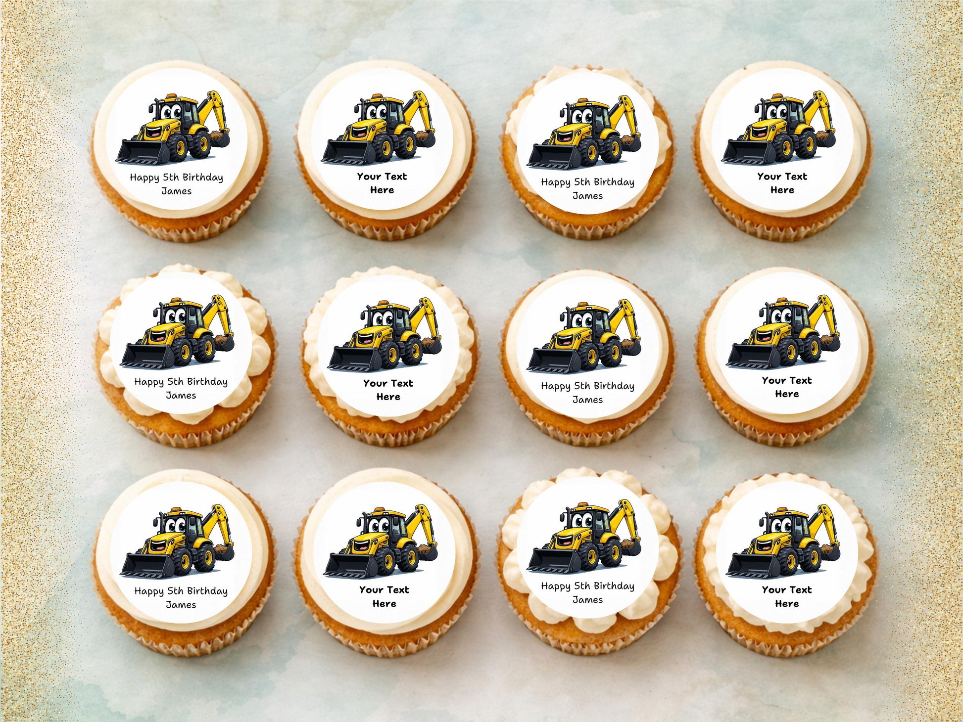 Personalised Digger Edible Cupcake Toppers – Happy Birthday Cake Decoration