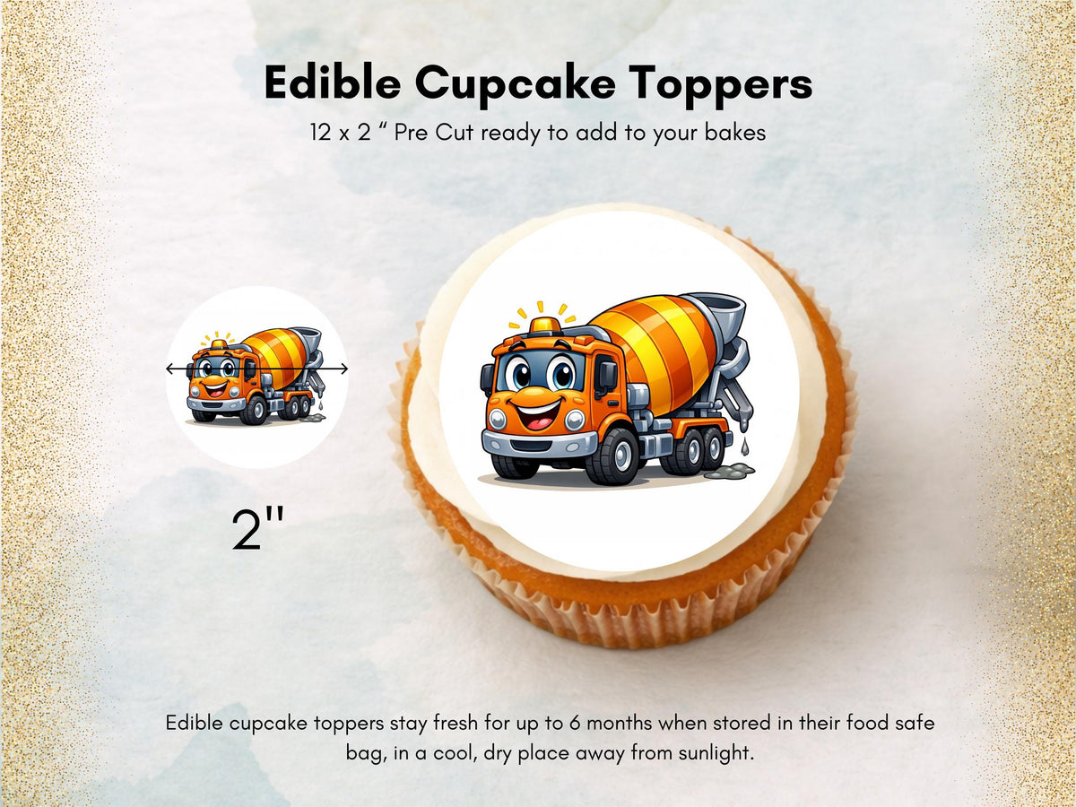 Diggers and Trucks Edible Cupcake Toppers – Excavator and Lorry Cake Decorations