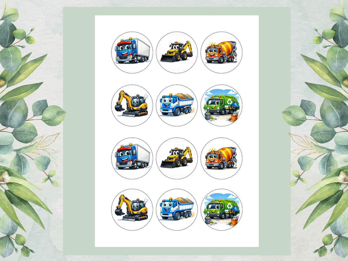 Diggers and Trucks Edible Cupcake Toppers – Excavator and Lorry Cake Decorations