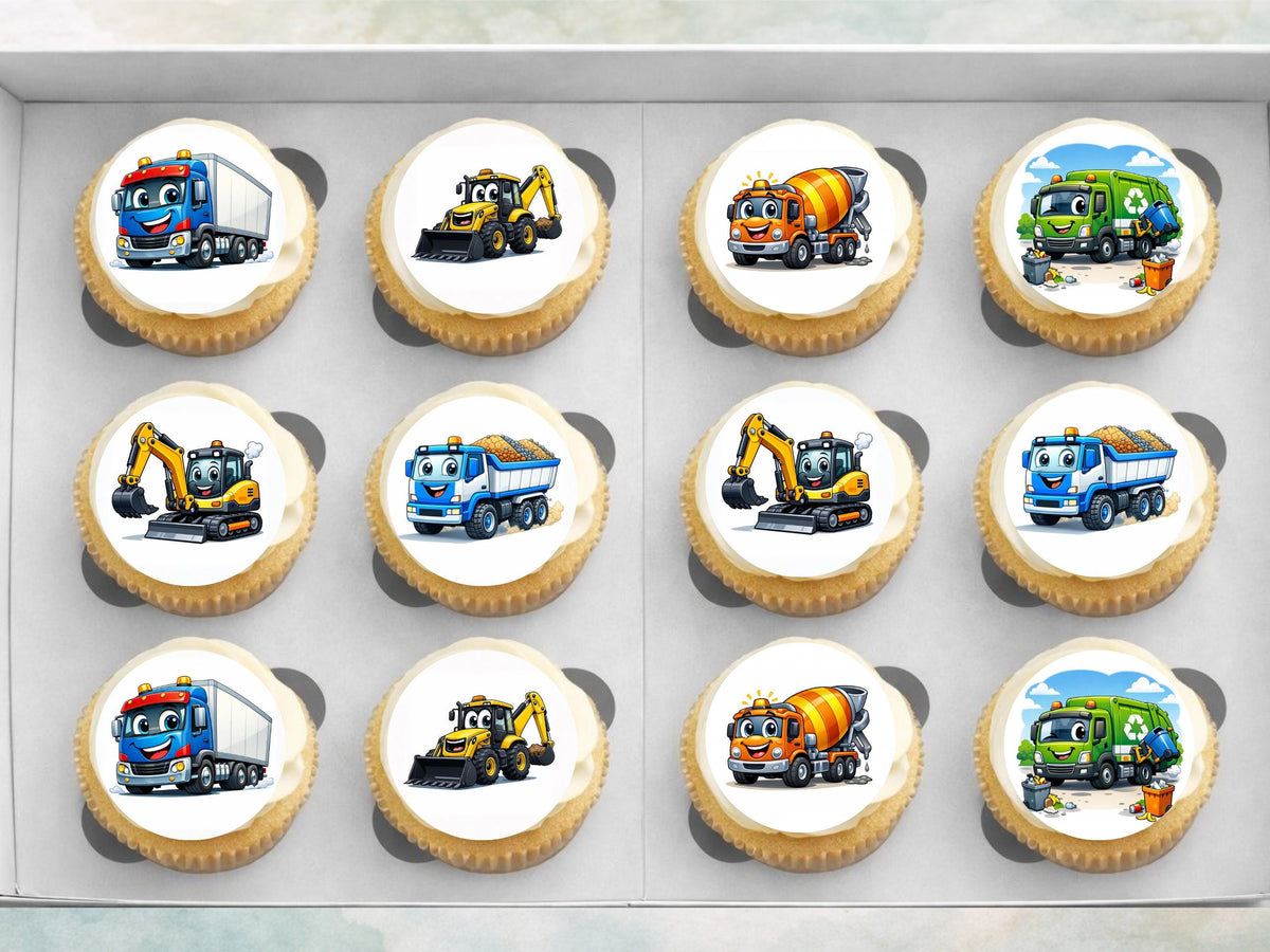 Diggers and Trucks Edible Cupcake Toppers – Excavator and Lorry Cake Decorations