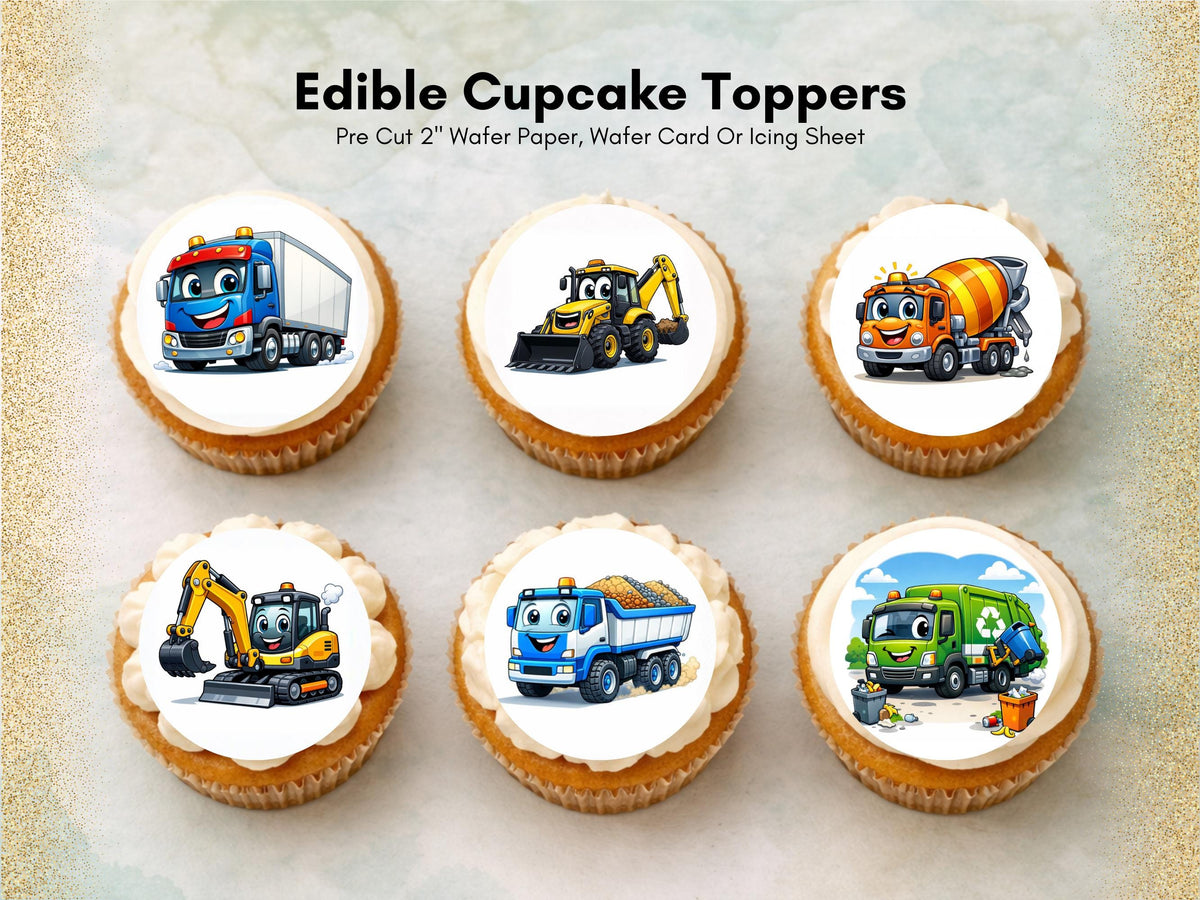 Diggers and Trucks Edible Cupcake Toppers – Excavator and Lorry Cake Decorations
