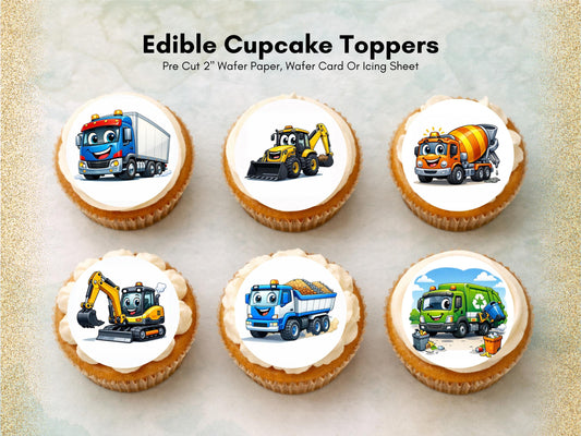Diggers and Trucks Edible Cupcake Toppers – Excavator and Lorry Cake Decorations