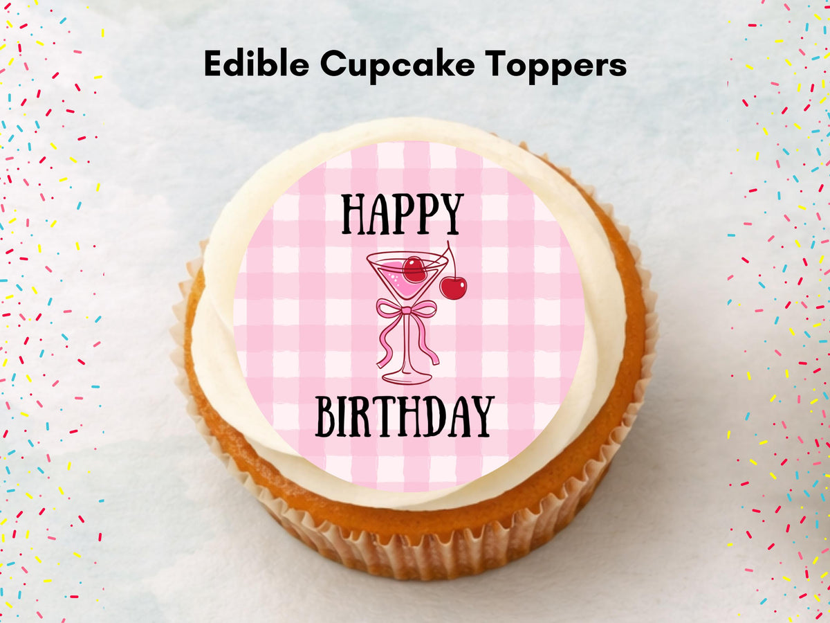 Pink Happy Birthday Edible Cupcake Toppers – Birthday Cake Decorations