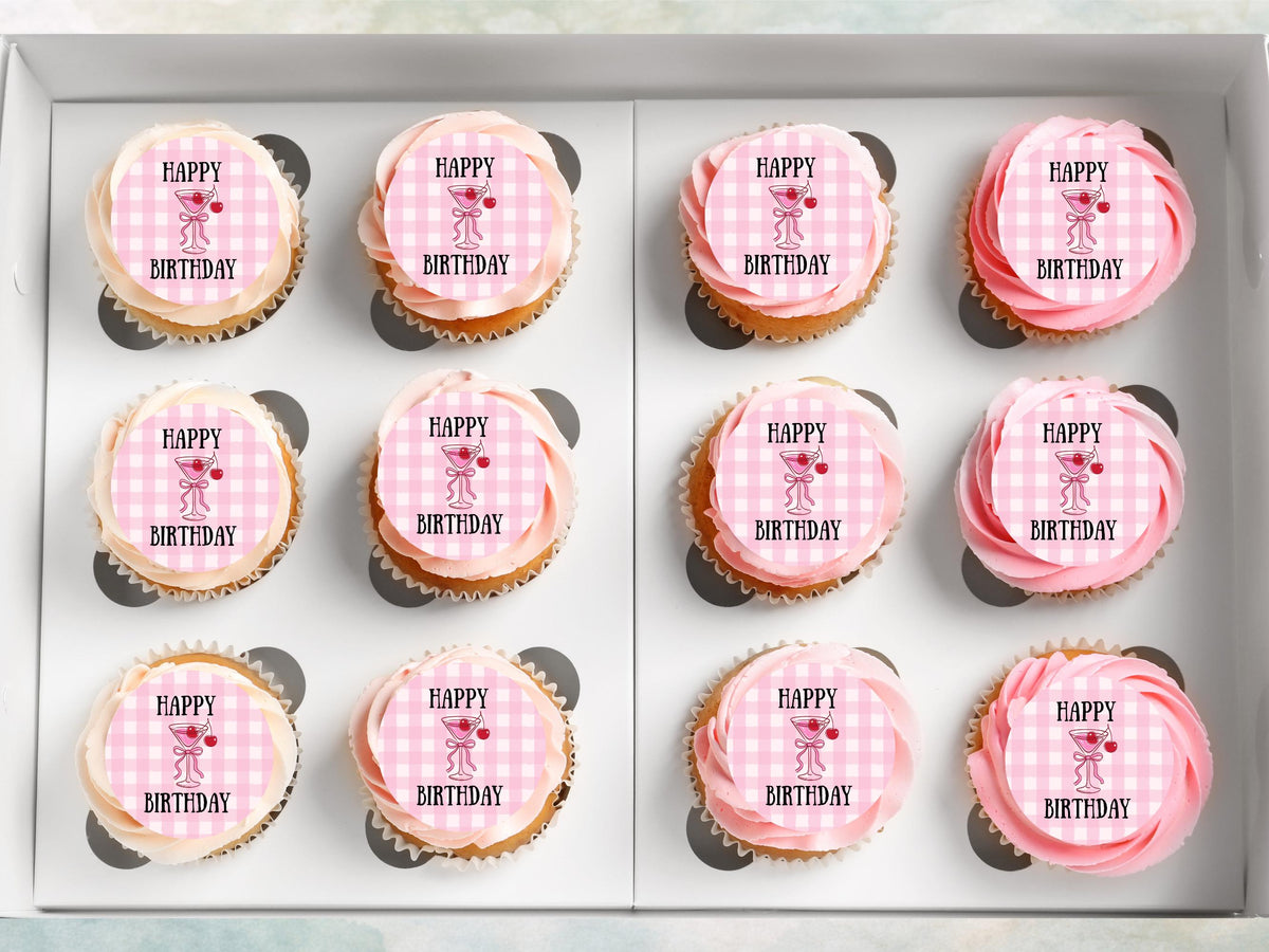 Pink Happy Birthday Edible Cupcake Toppers – Birthday Cake Decorations