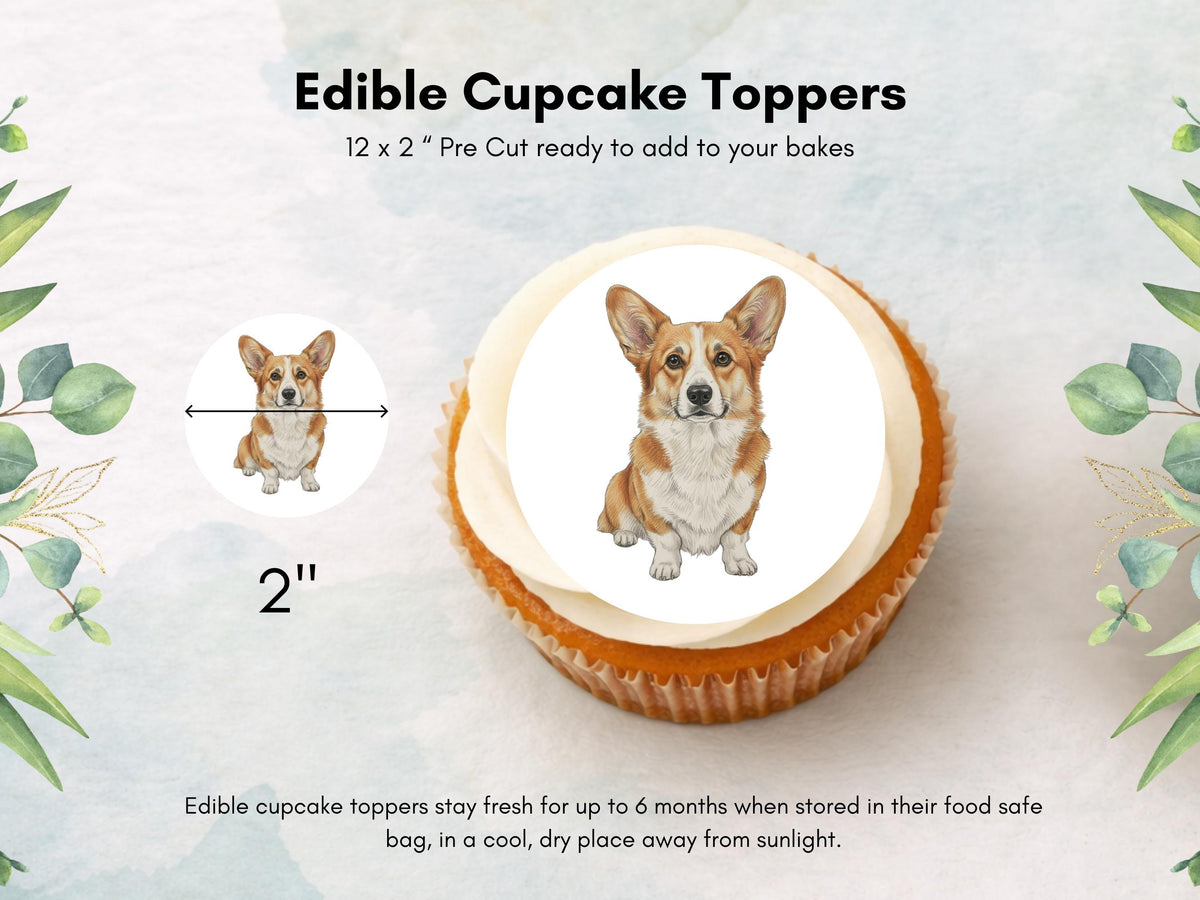 Corgi Edible Cupcake Toppers – 12 x 2" Pre-Cut Corgi Cake Decorations