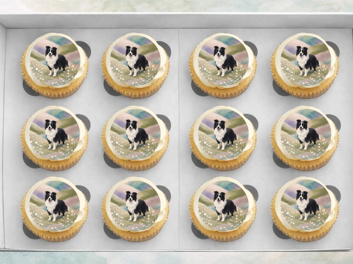 Border Collie Edible Cupcake Toppers 12 x 2" Dog Cake Toppers