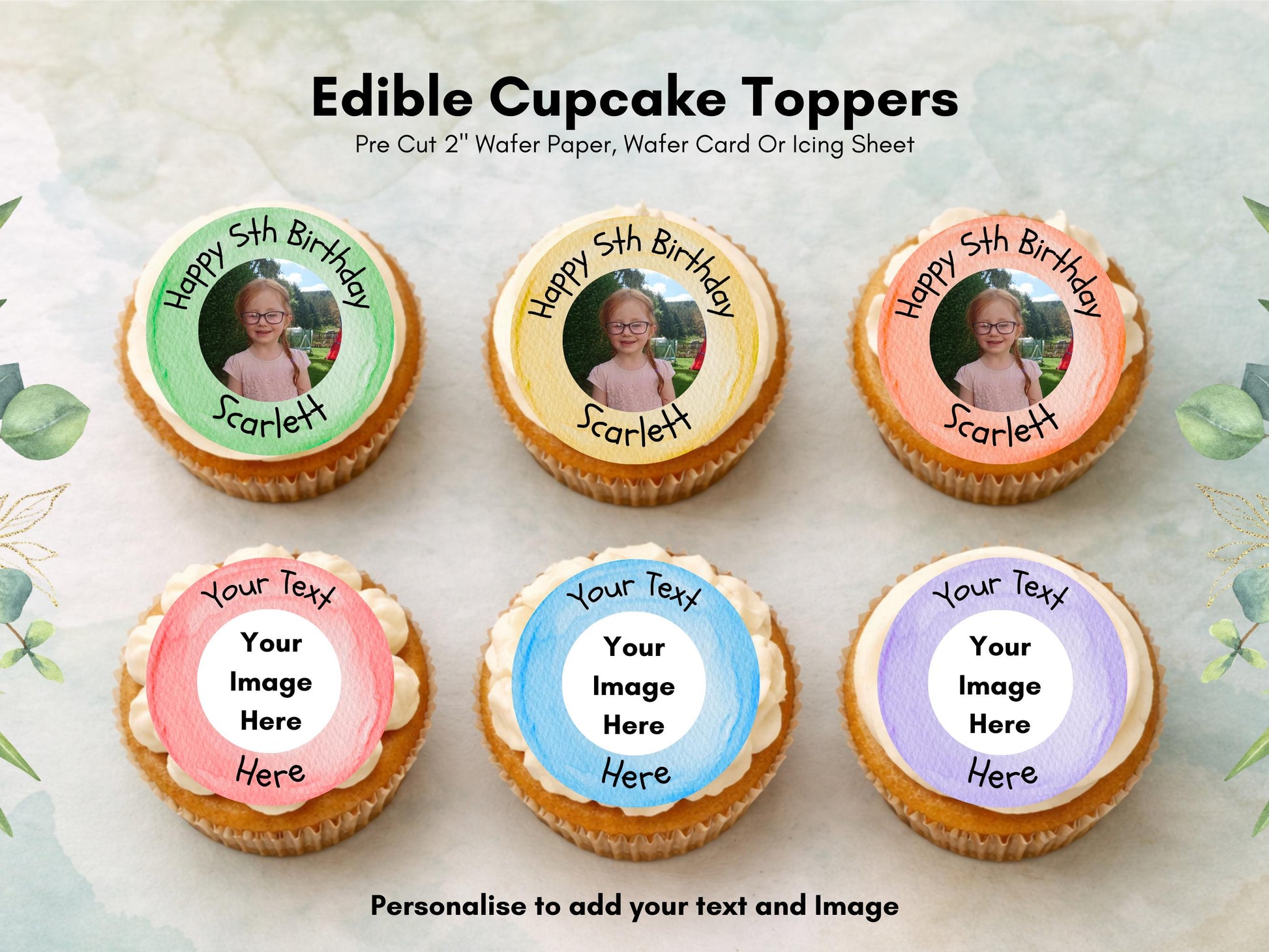 Personalized Happy Birthday Edible Cupcake Toppers, Photo & Text