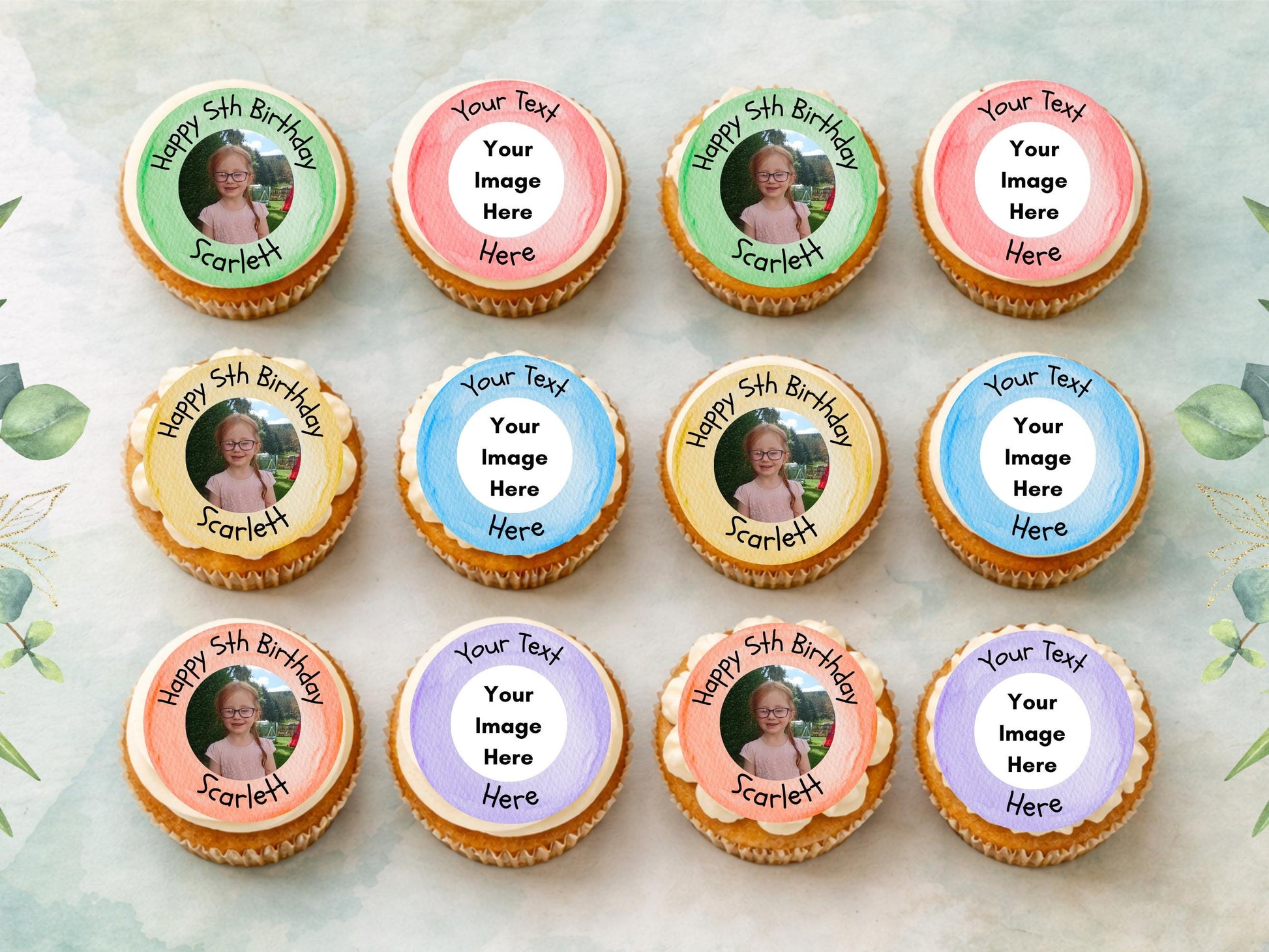 Personalized Happy Birthday Edible Cupcake Toppers, Photo & Text