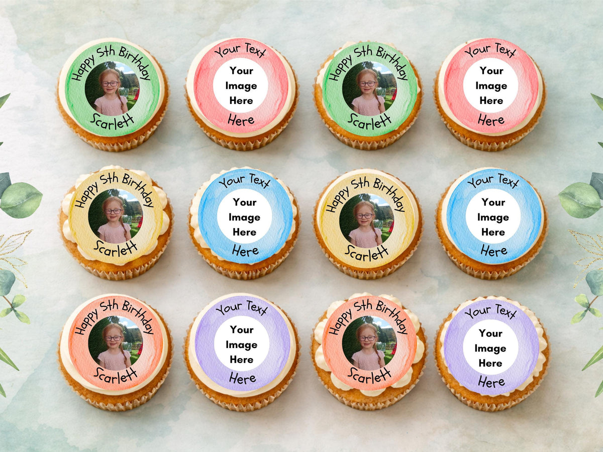 Personalised Happy Birthday Edible Cupcake Toppers, Custom with Photo & Text