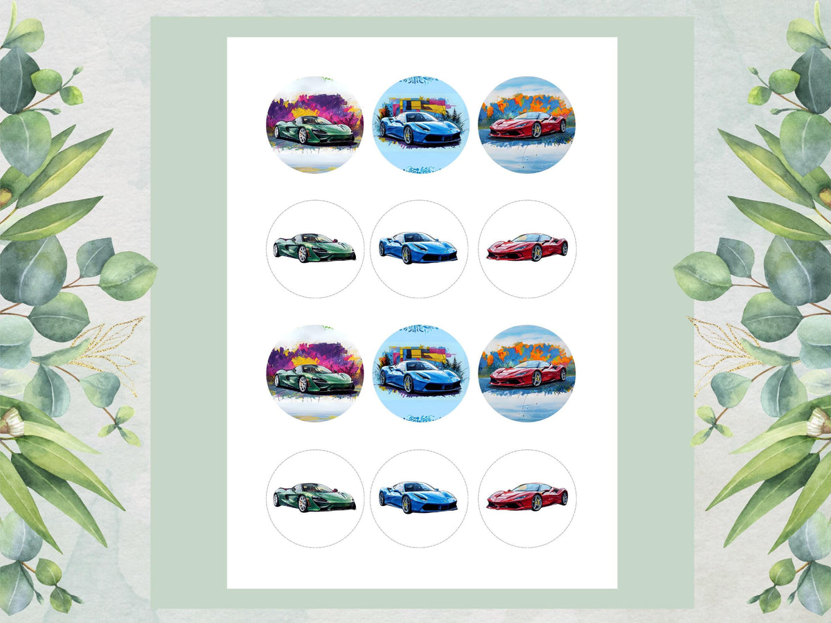 Sports Car Edible Cupcake Toppers – 12 x 2" Super Car Cake Topper