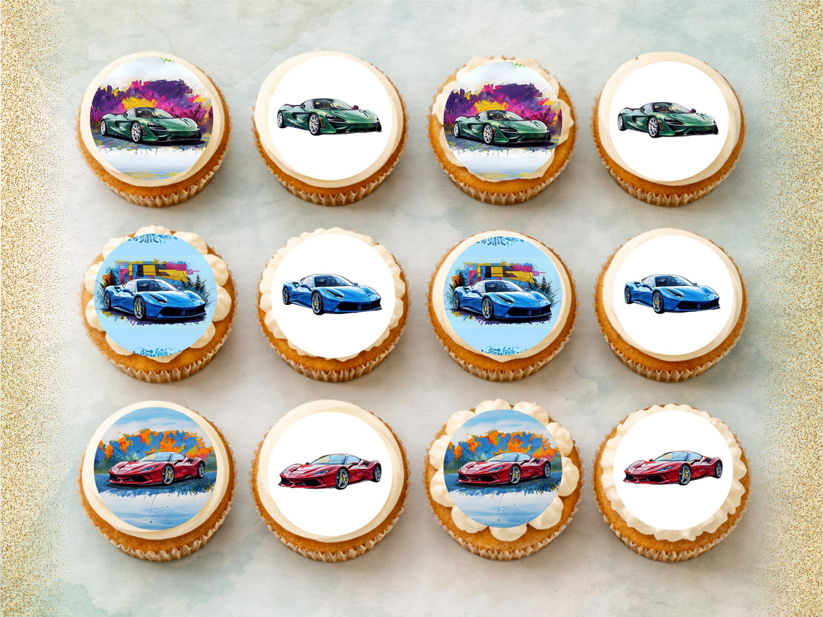 Sports Car Edible Cupcake Toppers – 12 x 2" Super Car Cake Topper