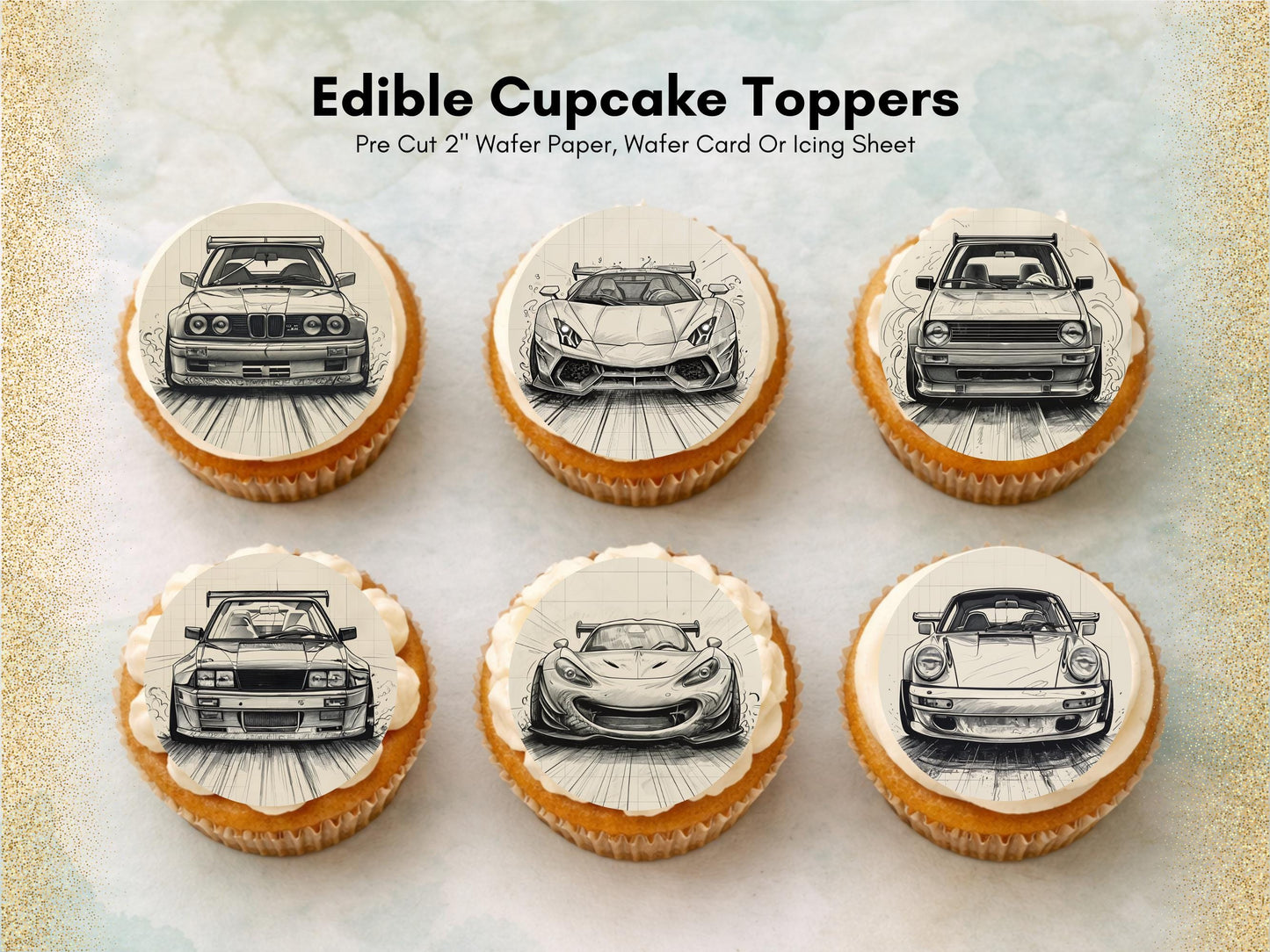 Sports Car Edible Cupcake Toppers – Pre-Cut 2" (Wafer Paper, Card or Icing)