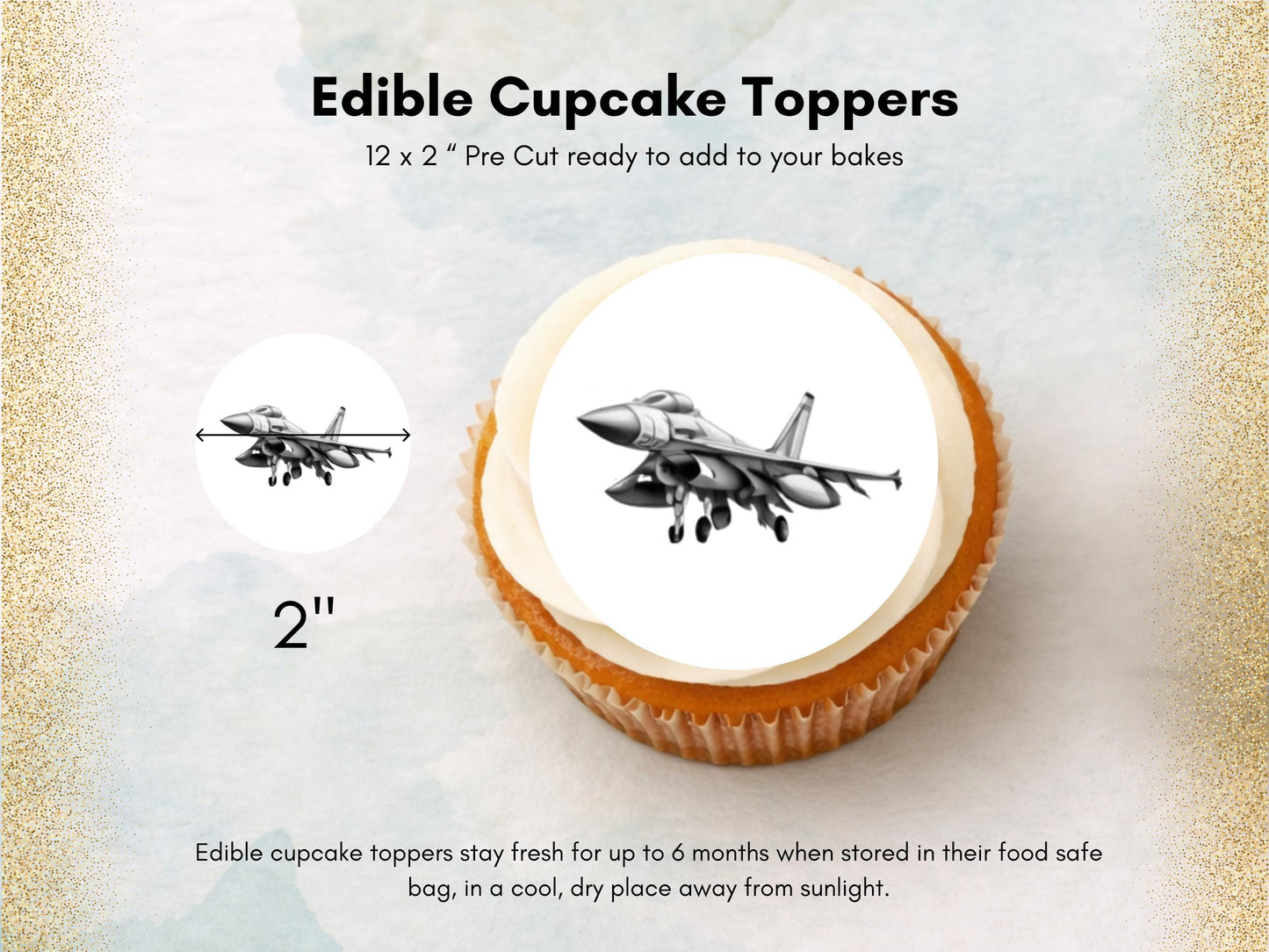 Jet Edible Cupcake Toppers 12 x 2"– Pre cut Wafer Paper, Card or Icing Sheet, Jet Airshow Cake and Cookie Decorations