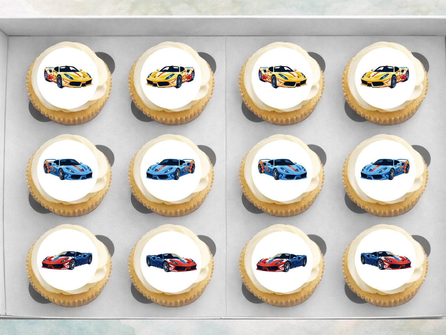 Sports Car Edible Cupcake Toppers - 2" Wafer Paper, Card, Icing Sheet