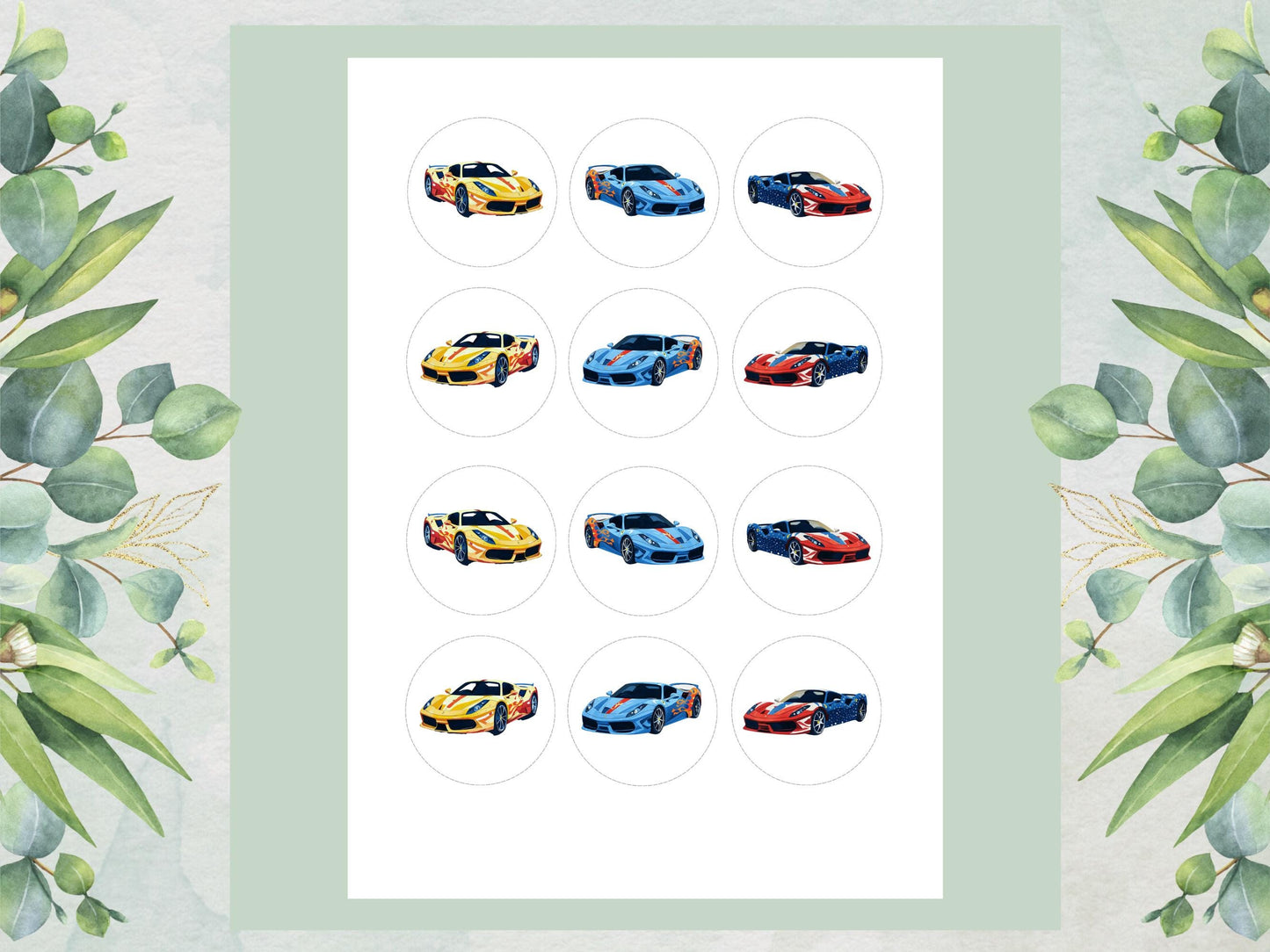 Sports Car Edible Cupcake Toppers - 2" Wafer Paper, Card, Icing Sheet