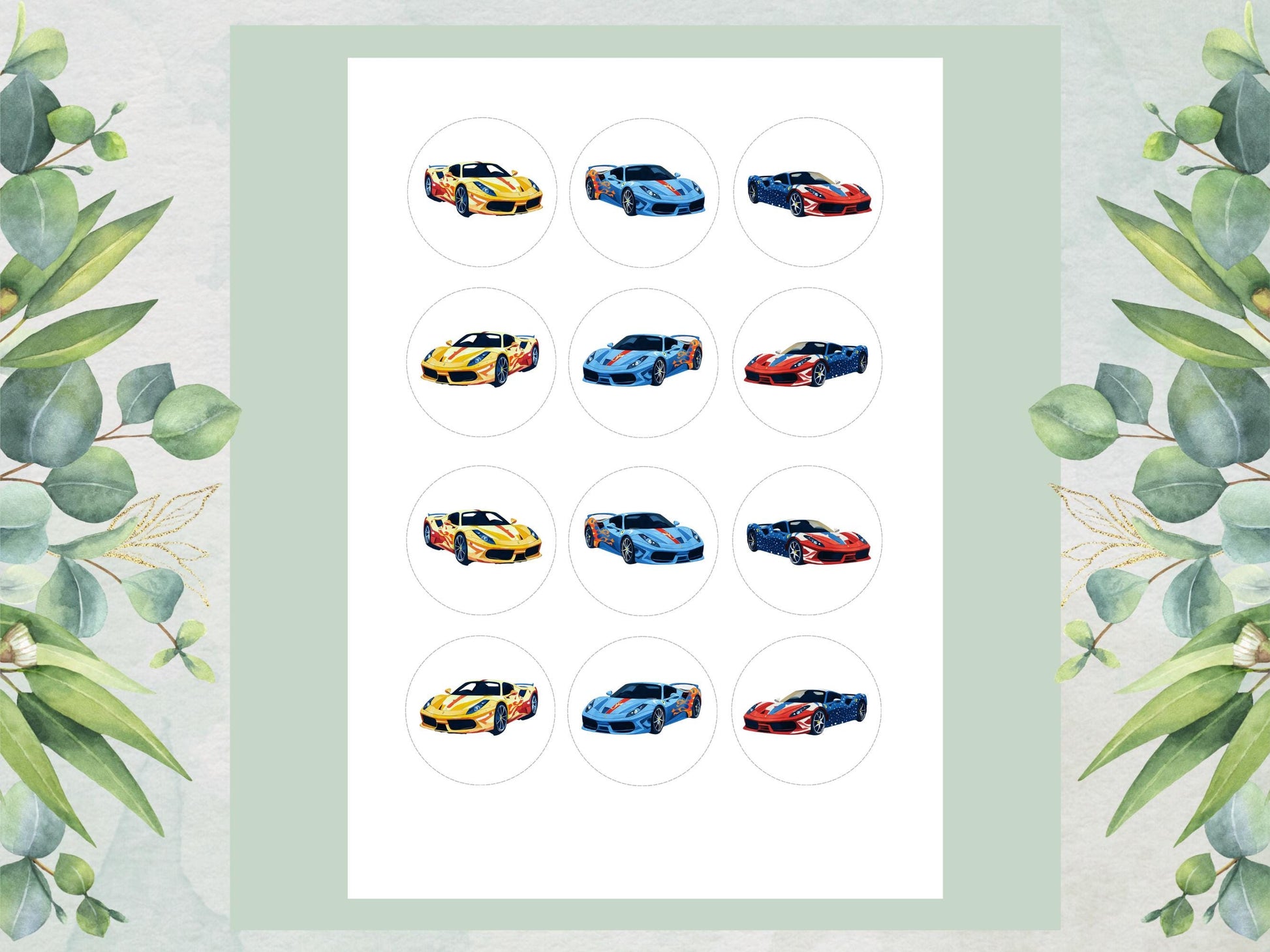 Sports Car Edible Cupcake Toppers - 2" Wafer Paper, Card, Icing Sheet