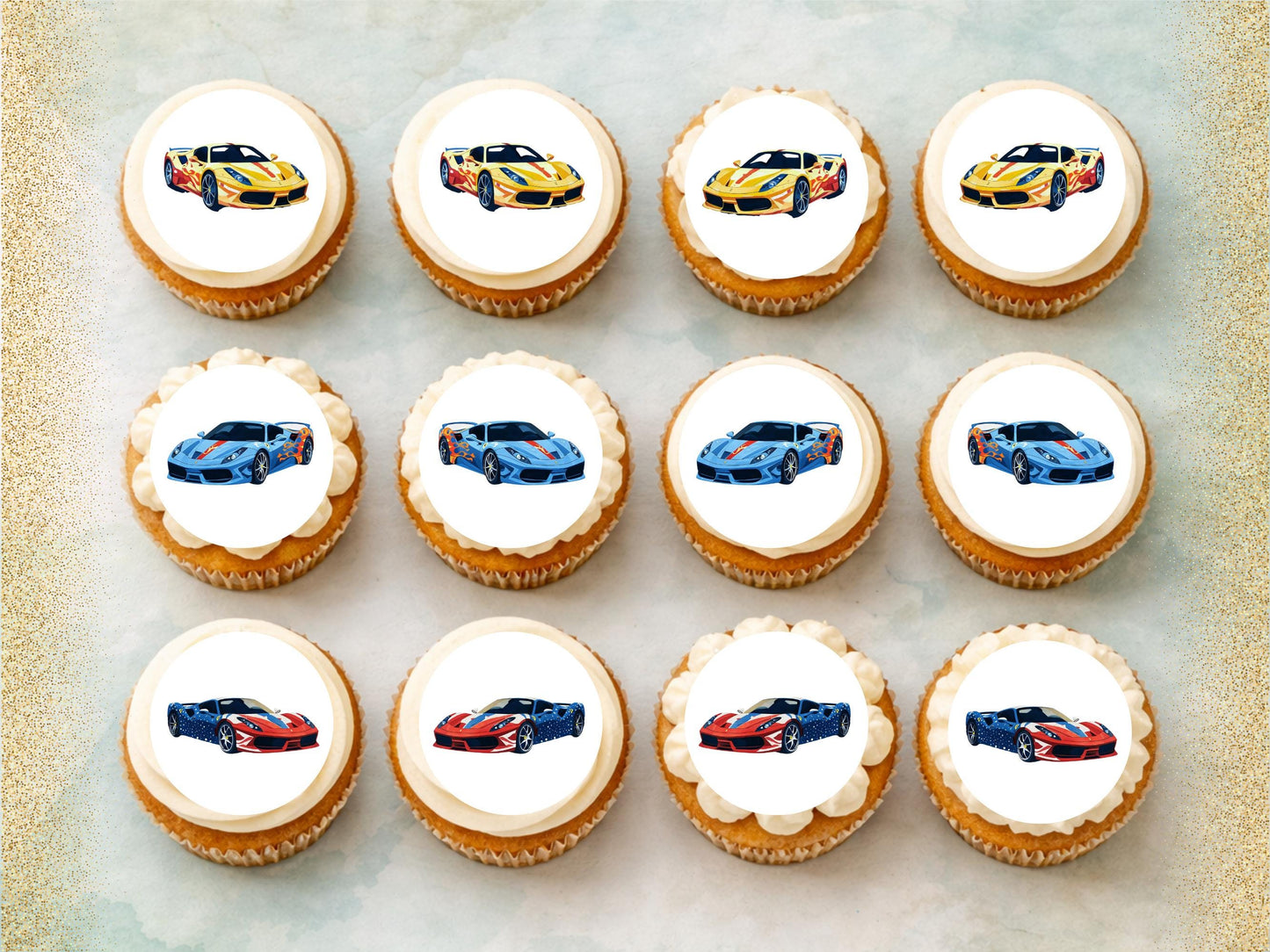 Sports Car Edible Cupcake Toppers - 2" Wafer Paper, Card, Icing Sheet
