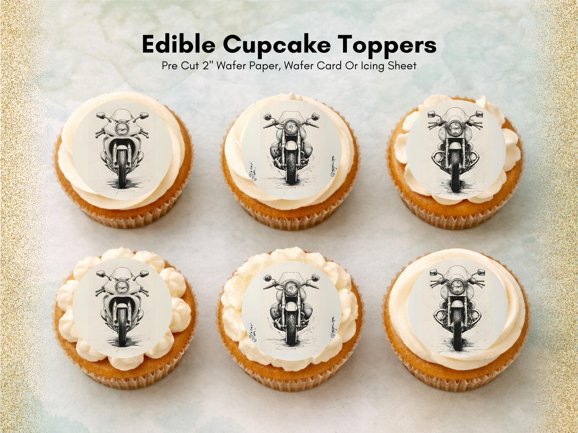 Motorbike Edible Cupcake Toppers 12 x 2" Precut Wafer Paper, Card or Icing Sheet