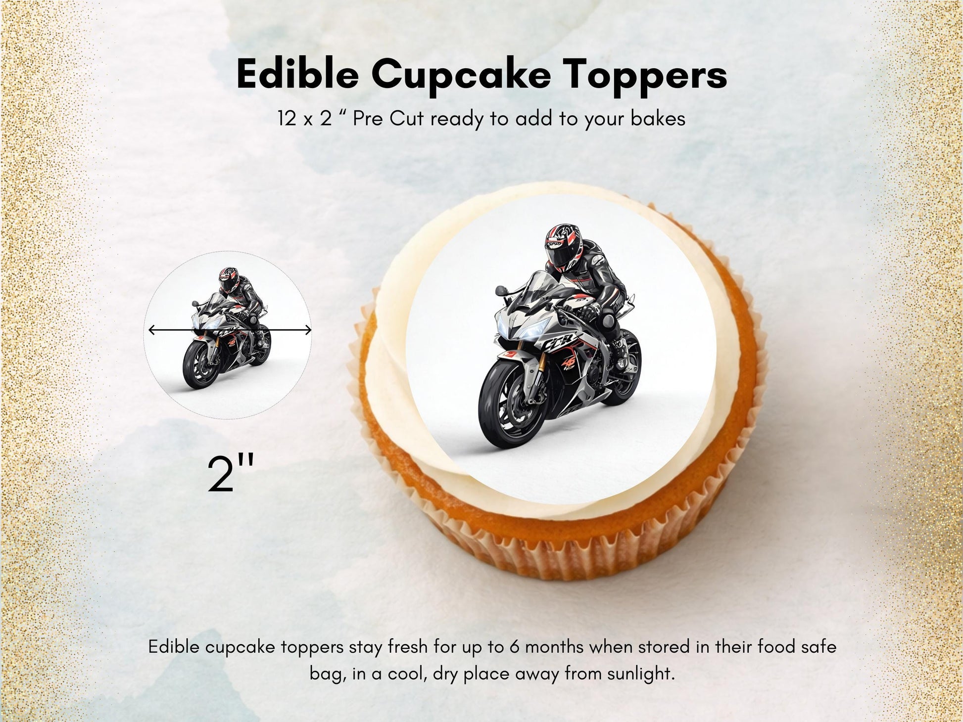 Motorbike Edible Cupcake Toppers 12 x 2" Precut Wafer Paper, Card or Icing Sheet