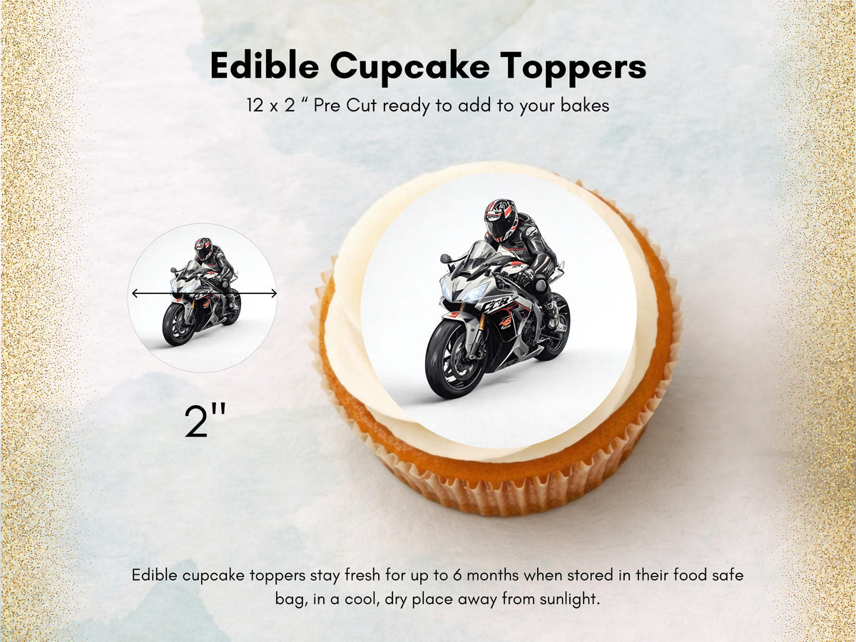 Motorbike Edible Cupcake Toppers 12 x 2" Precut Wafer Paper, Card or Icing Sheet