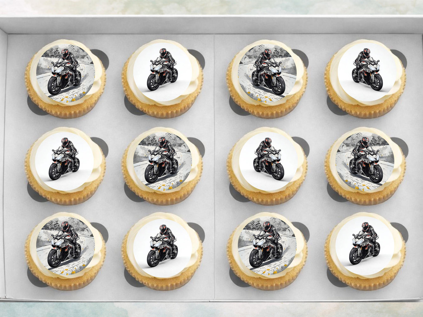 Motorbike Edible Cupcake Toppers 12 x 2" Precut Wafer Paper, Card or Icing Sheet
