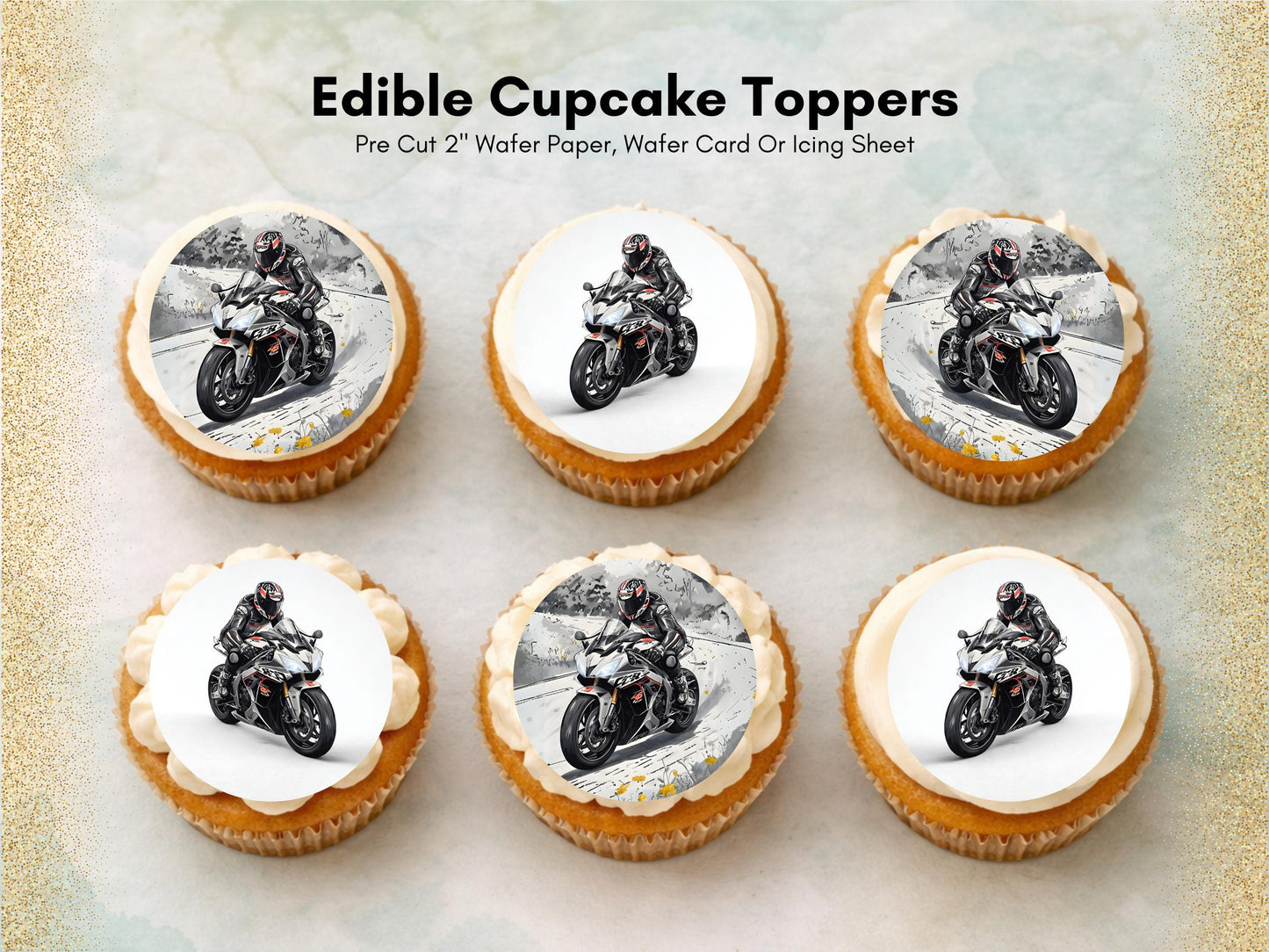 Motorbike Edible Cupcake Toppers 12 x 2" Precut Wafer Paper, Card or Icing Sheet