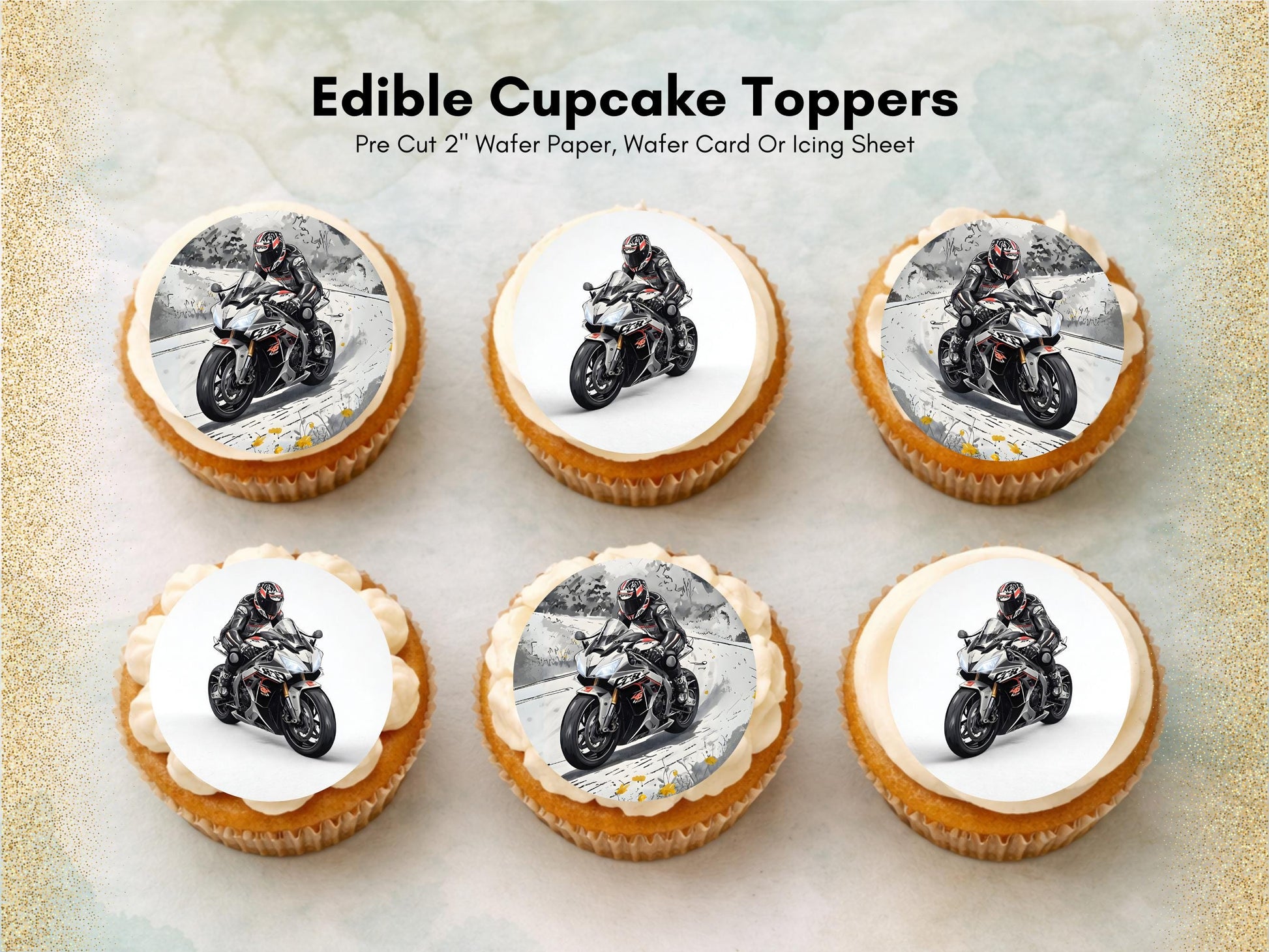 Motorbike Edible Cupcake Toppers 12 x 2" Precut Wafer Paper, Card or Icing Sheet