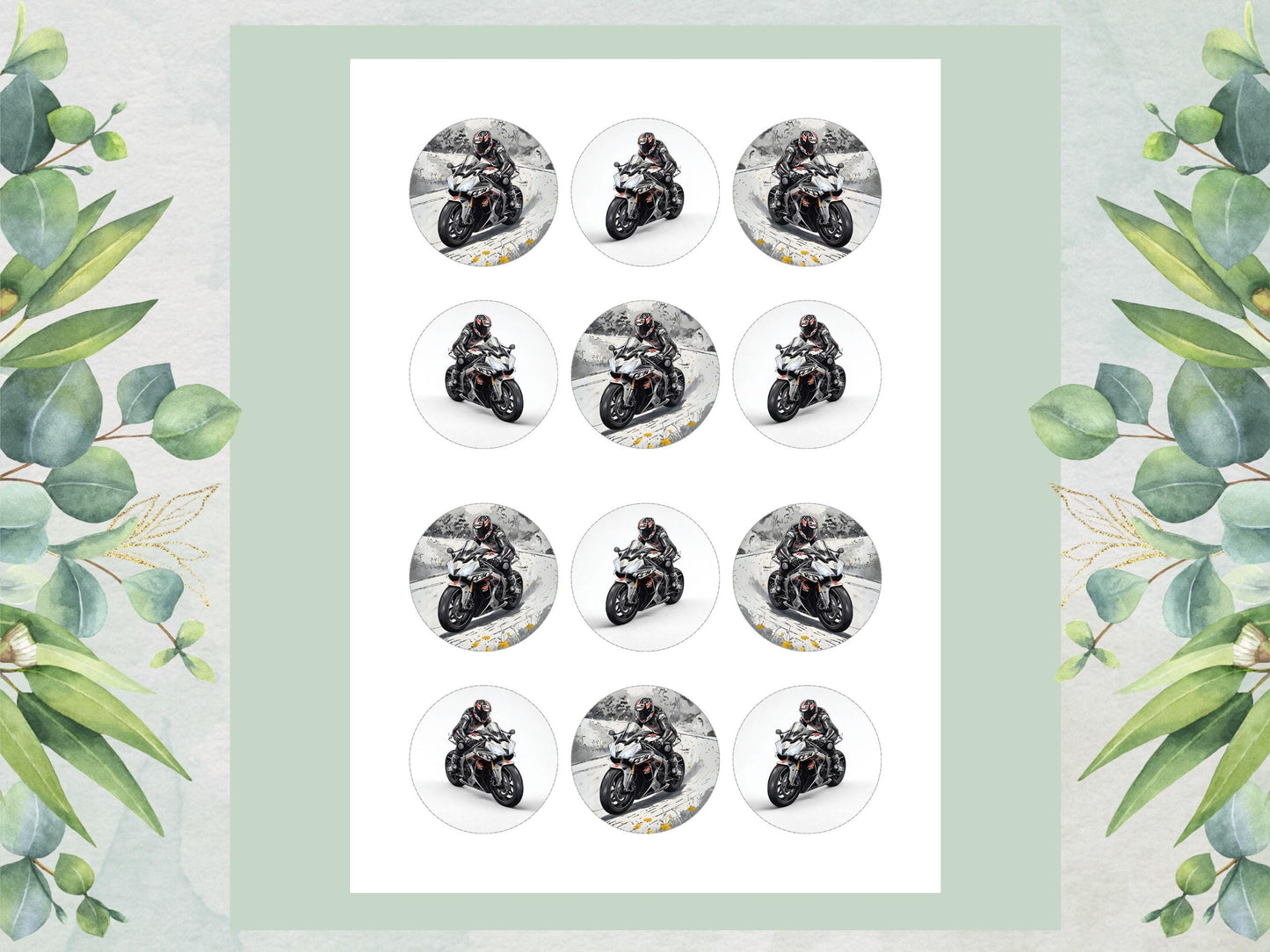 Motorbike Edible Cupcake Toppers 12 x 2" Precut Wafer Paper, Card or Icing Sheet