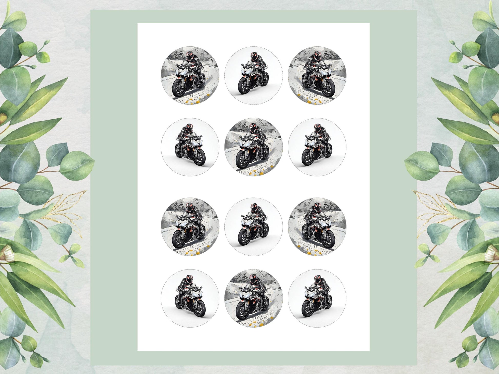 Motorbike Edible Cupcake Toppers 12 x 2" Precut Wafer Paper, Card or Icing Sheet