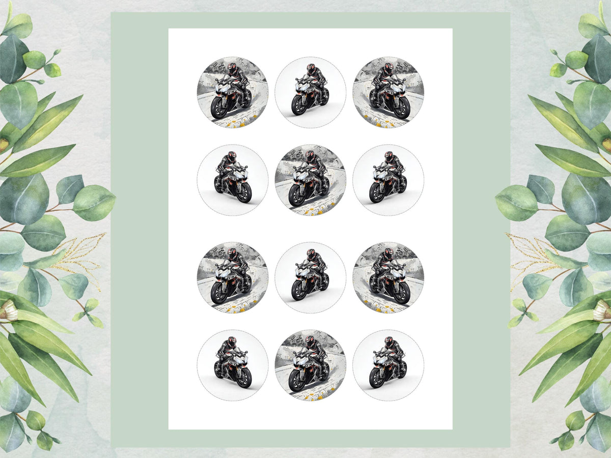Motorbike Edible Cupcake Toppers 12 x 2" Precut Wafer Paper, Card or Icing Sheet