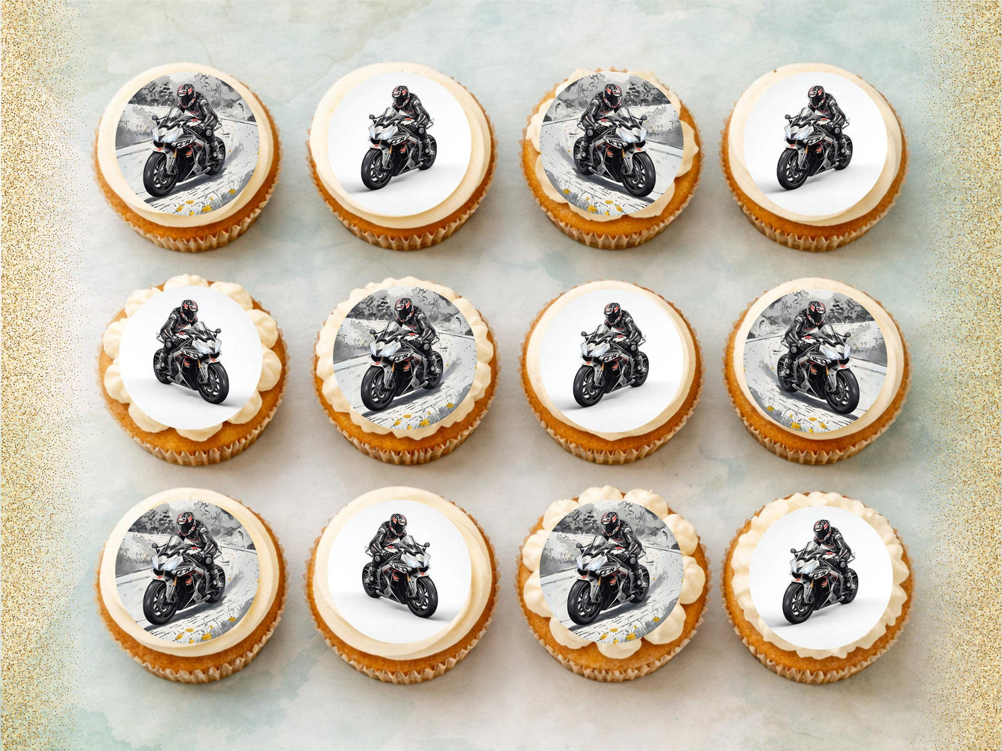 Motorbike Edible Cupcake Toppers 12 x 2" Precut Wafer Paper, Card or Icing Sheet