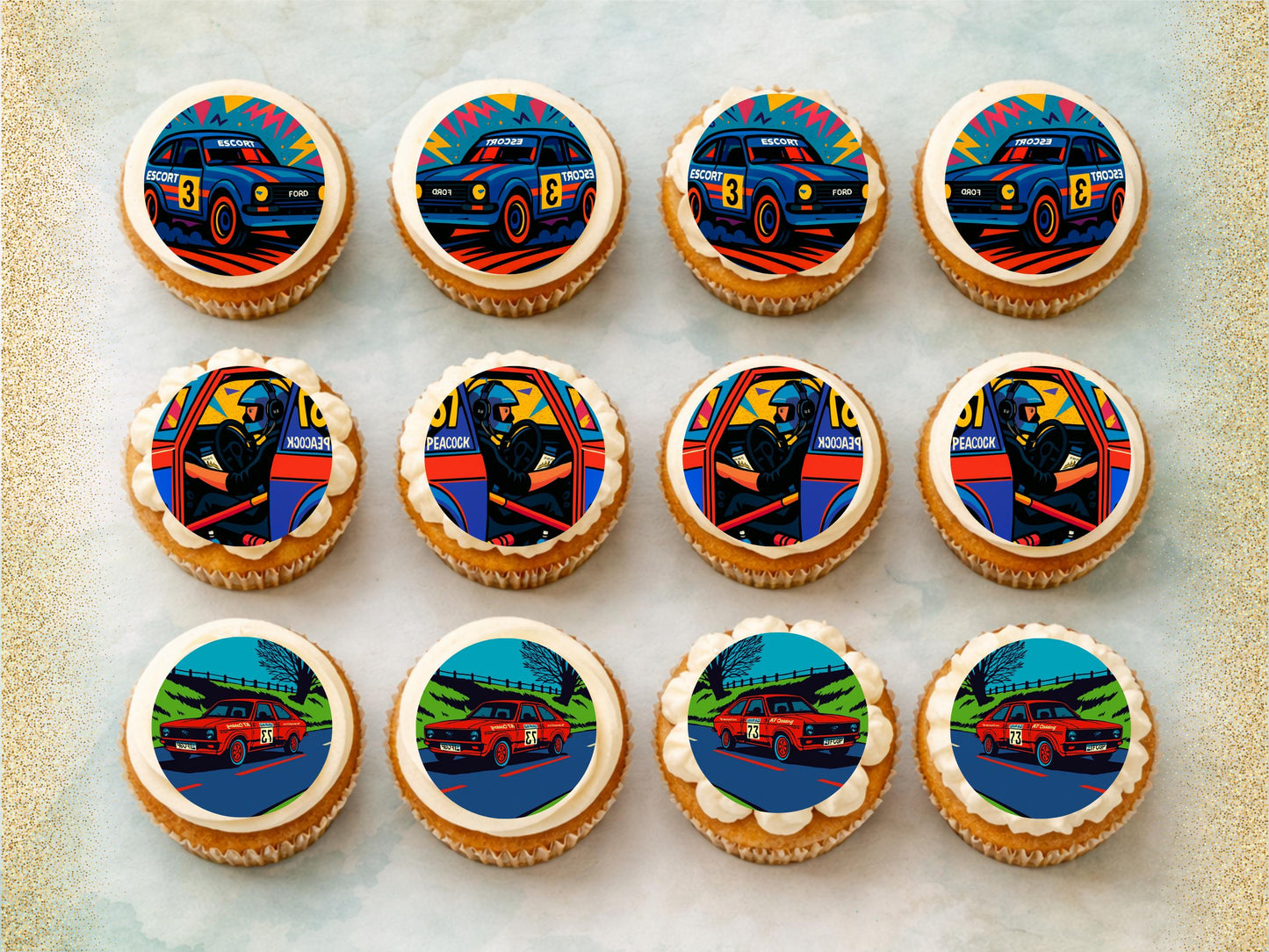 Vintage Rally Car Edible Cupcake Toppers – Motorsport Party Decor