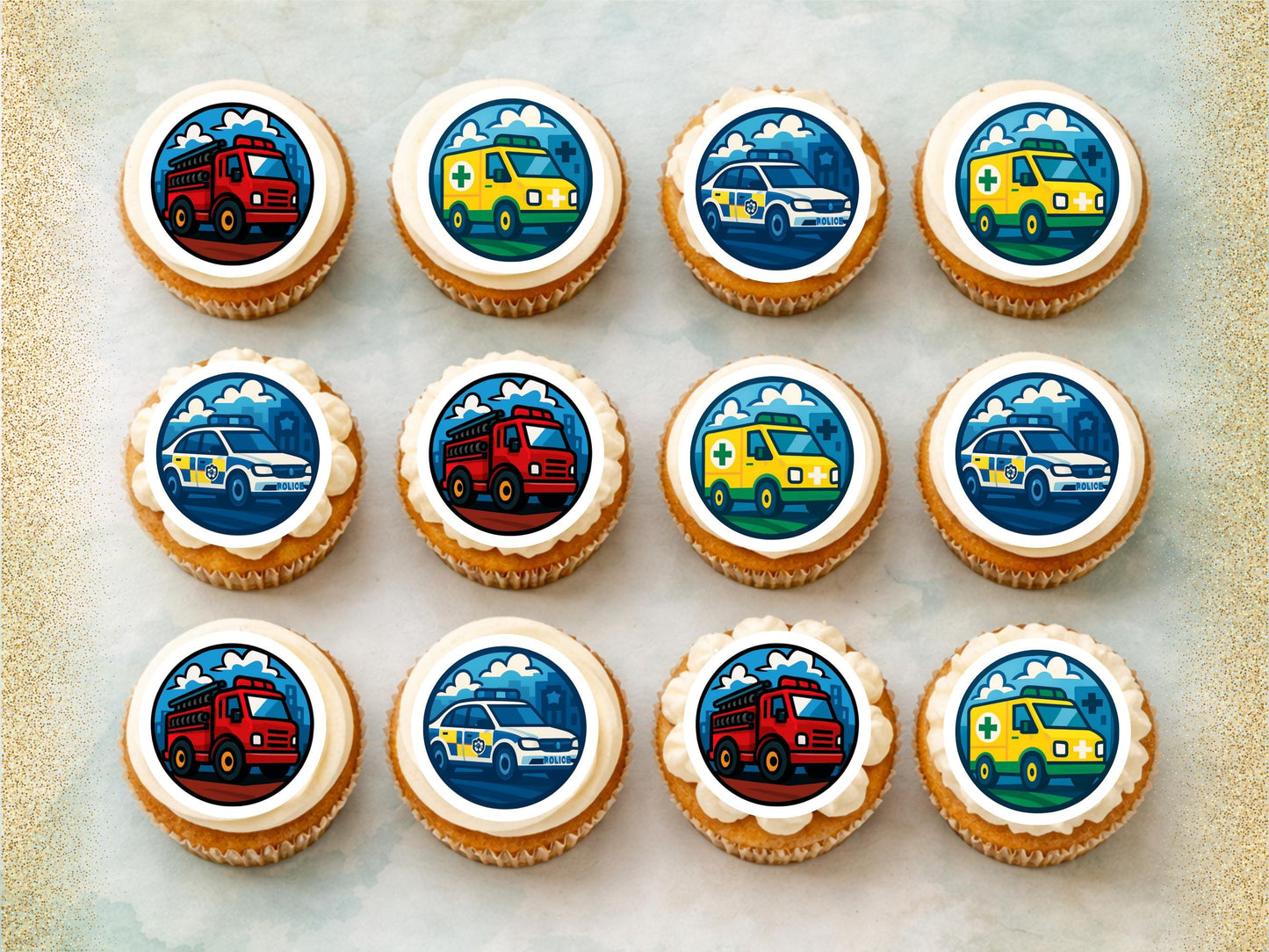 Emergency Vehicle Edible Cupcake Toppers – Fire Engine, Ambulance, Police Car (2" Pre-cut)