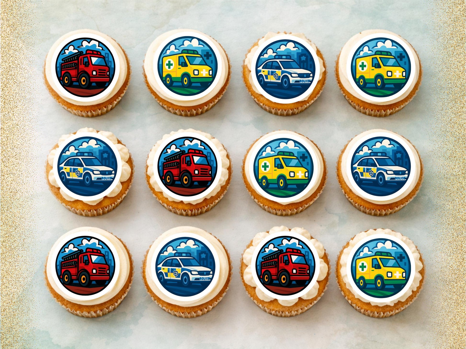 Emergency Vehicle Edible Cupcake Toppers – Fire Engine, Ambulance, Police Car (2" Pre-cut)