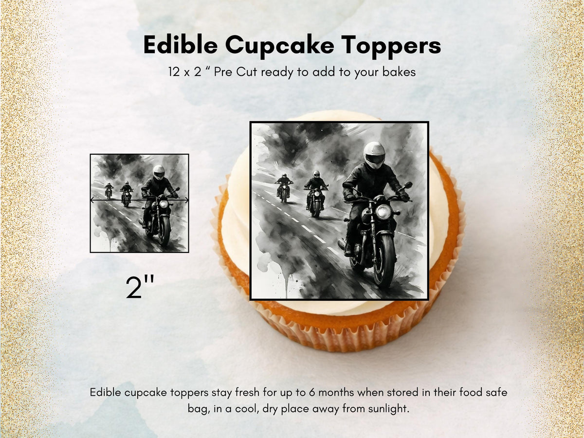 Motorbike Cupcake Toppers - Biker Party Decoration (Wafer Paper, Card or Icing Sheet)
