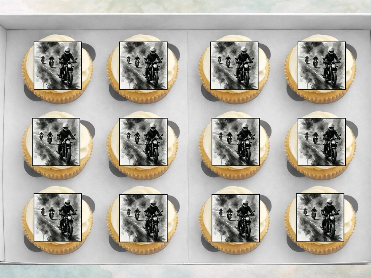 Motorbike Cupcake Toppers - Biker Party Decoration (Wafer Paper, Card or Icing Sheet)