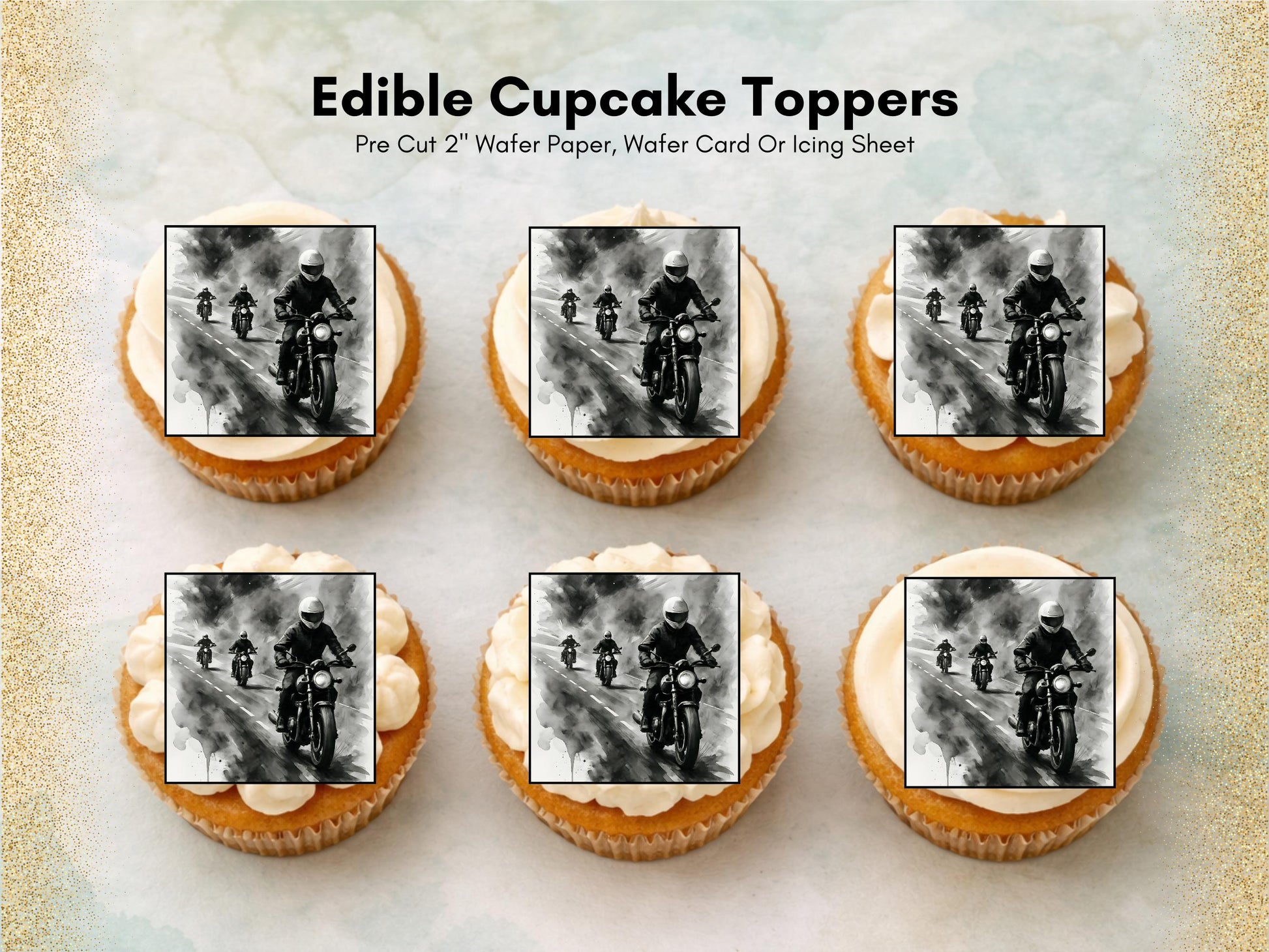 Motorbike Cupcake Toppers - Biker Party Decoration (Wafer Paper, Card or Icing Sheet)