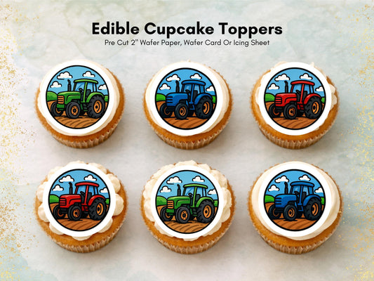 Tractor Edible Cupcake Toppers – Precut 2" Birthday Cake Decoration