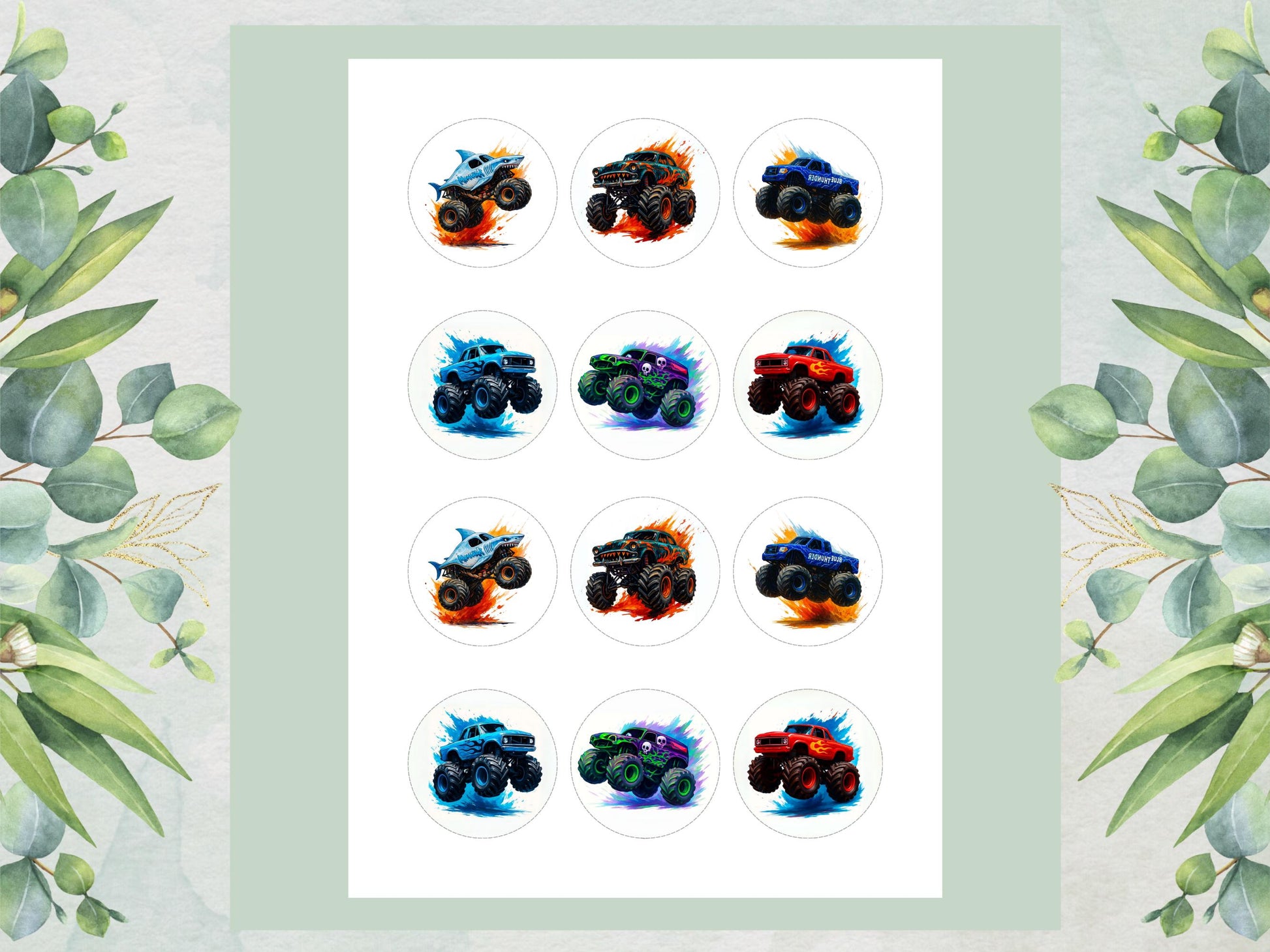 Monster Truck Birthday Edible Cupcake Toppers – Personalized Decoration