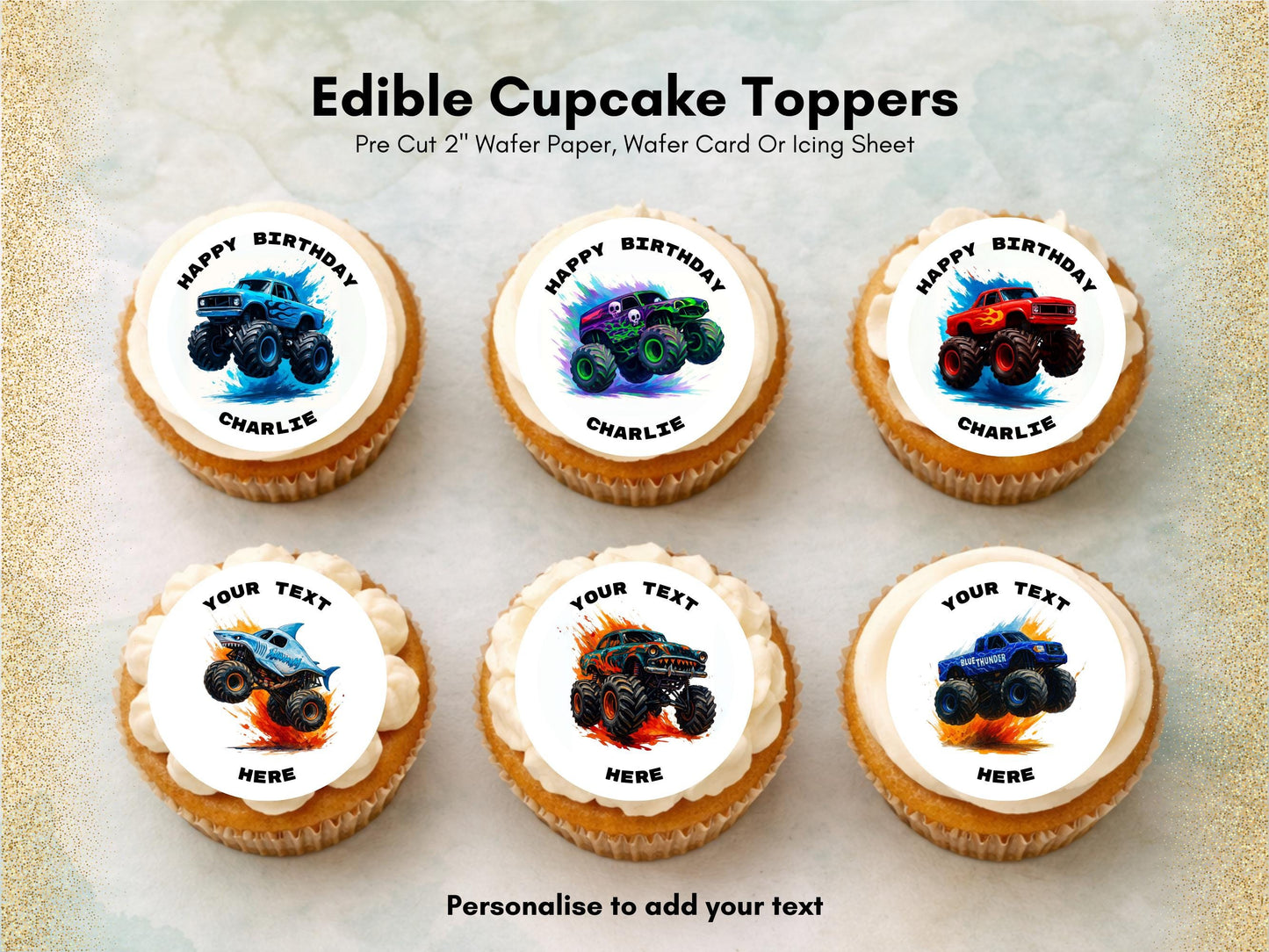 Monster Truck Birthday Edible Cupcake Toppers – Personalized Decoration