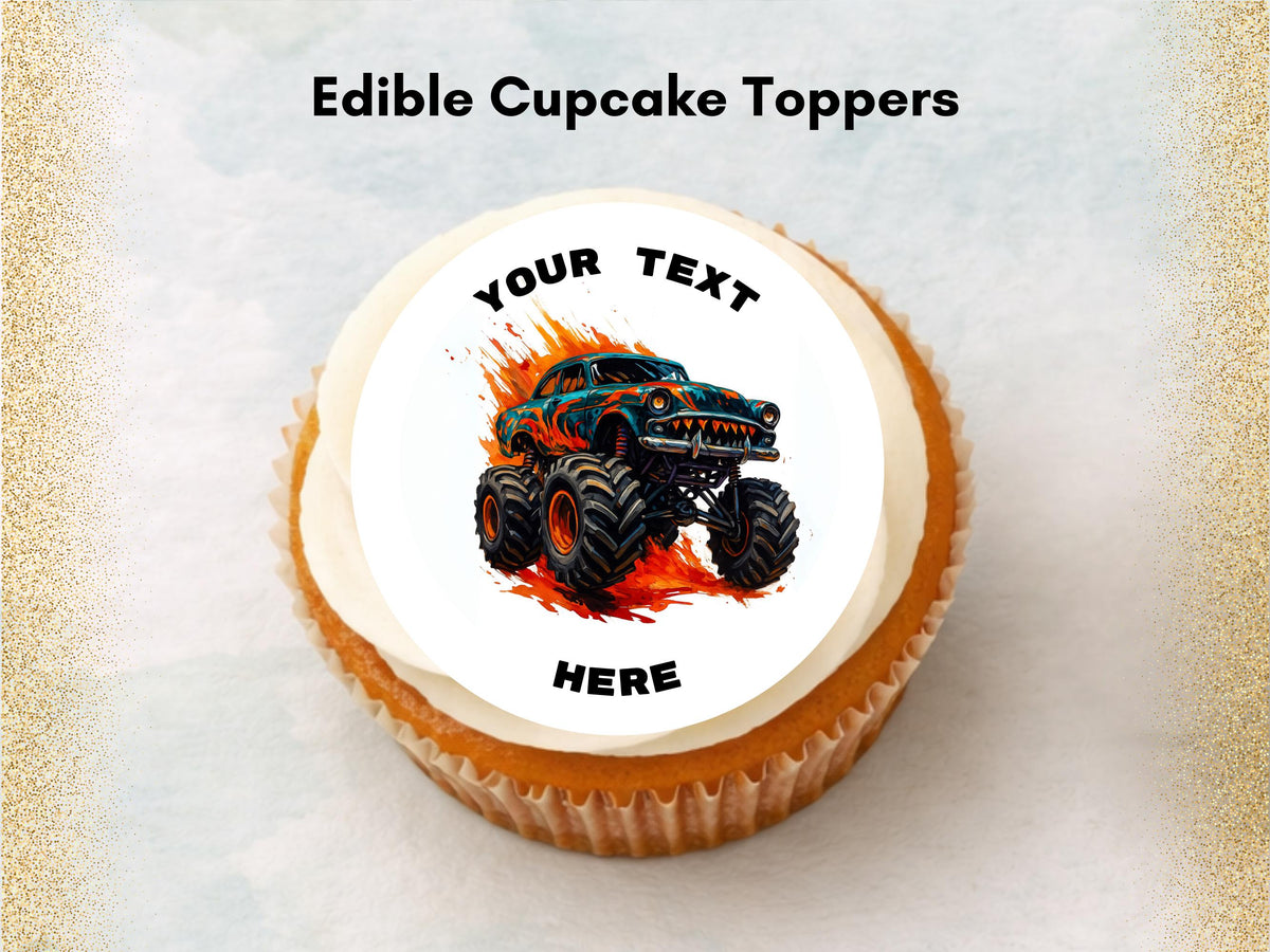 Personalised Monster Truck Edible Cupcake Toppers – Happy Birthday Cake Decoration