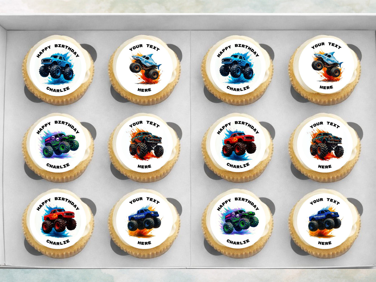 Monster Truck Birthday Edible Cupcake Toppers – Personalized Decoration
