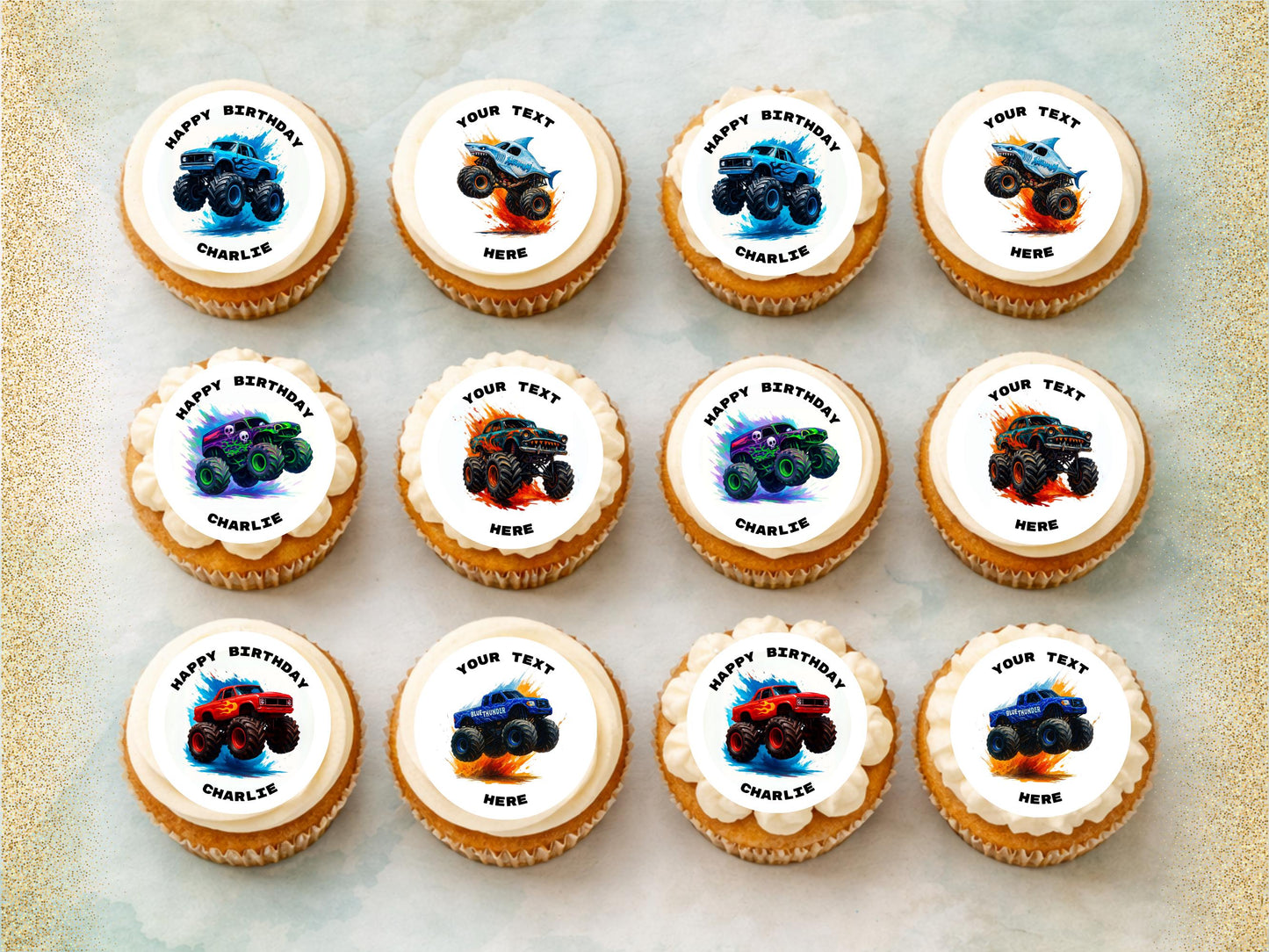 Monster Truck Birthday Edible Cupcake Toppers – Personalized Decoration