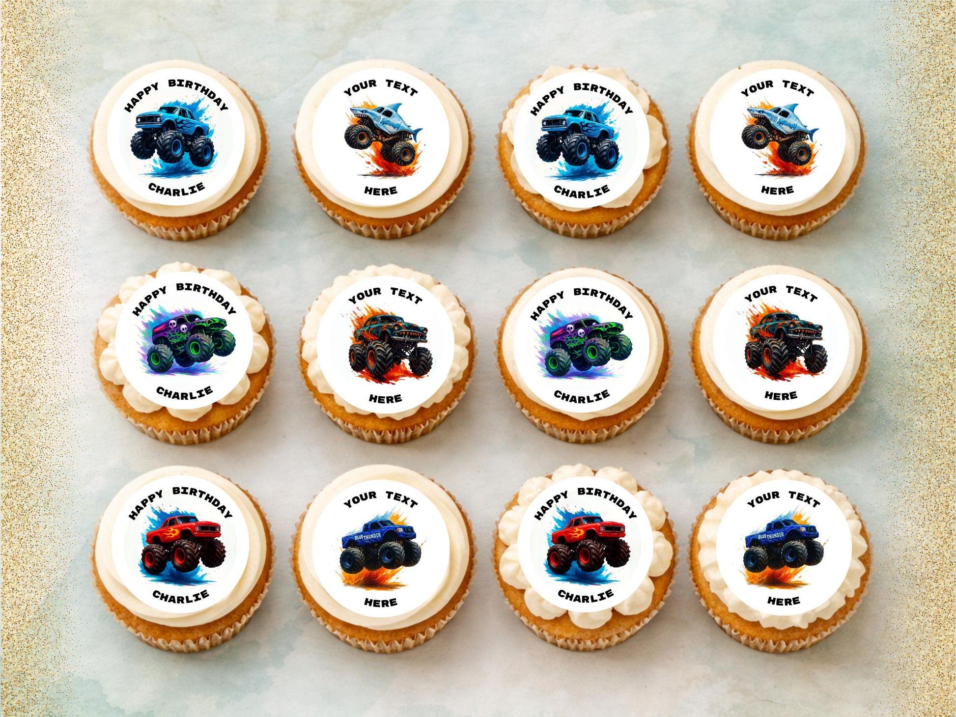 Monster Truck Birthday Edible Cupcake Toppers – Personalized Decoration