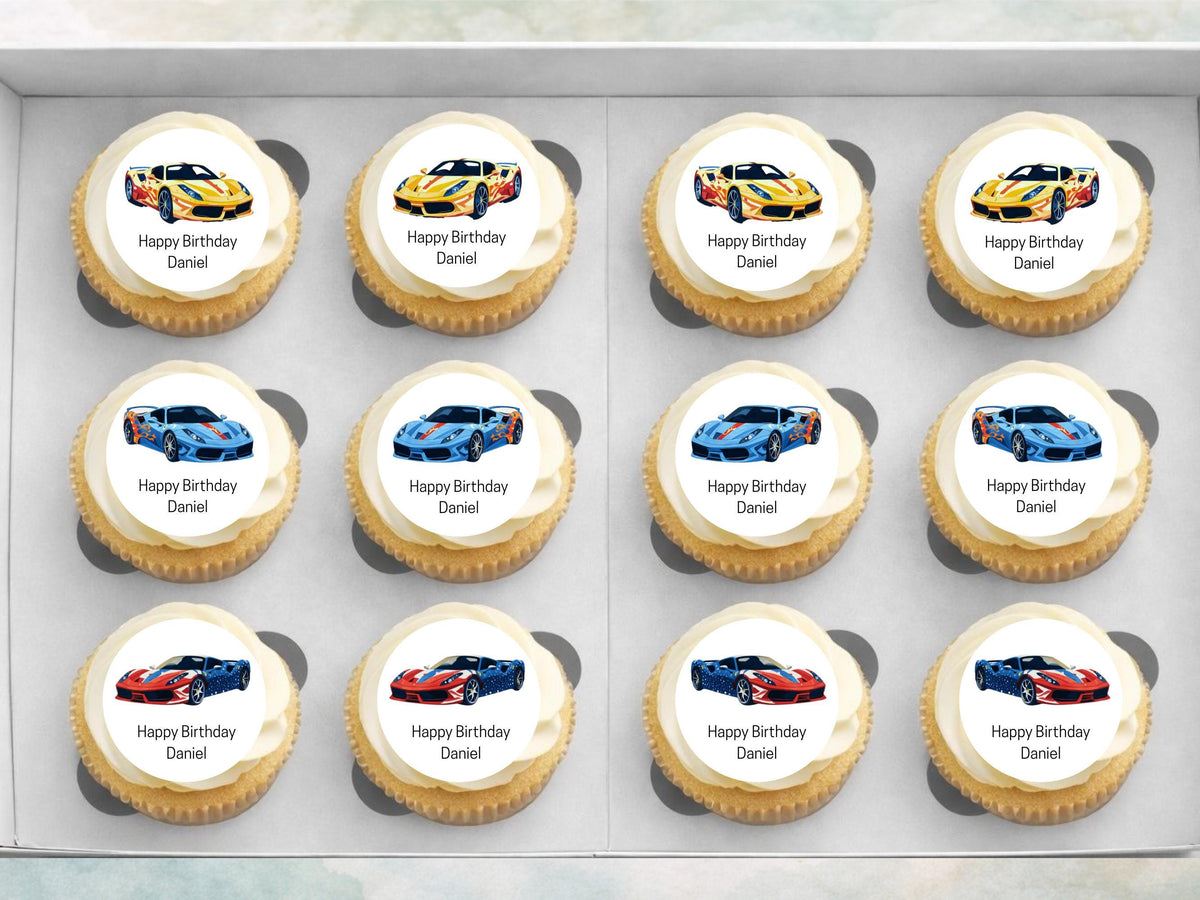 Personalised Sports Car Edible Cupcake Toppers - 2" Wafer Paper, Card, Icing Sheet