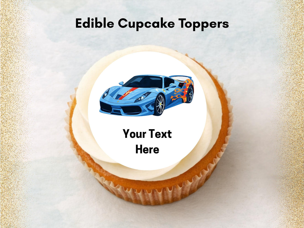 Personalised Sports Car Edible Cupcake Toppers - 2" Wafer Paper, Card, Icing Sheet