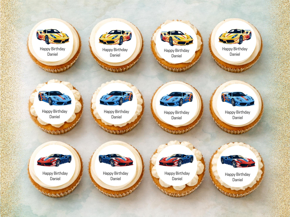 Personalised Sports Car Edible Cupcake Toppers - 2" Wafer Paper, Card, Icing Sheet