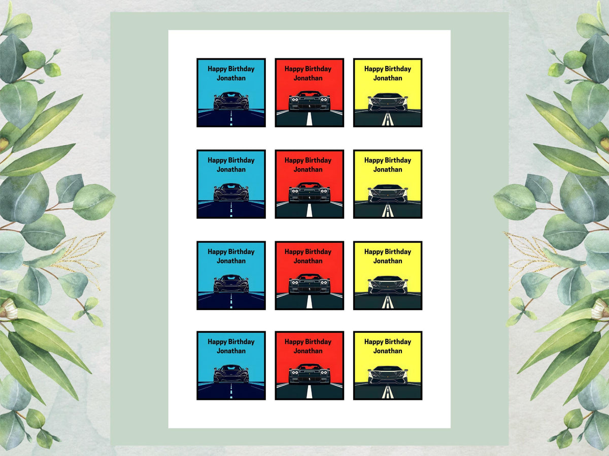 Personalised Sports Car Edible Cupcake Toppers - 2" Wafer Paper, Card, Icing Sheet