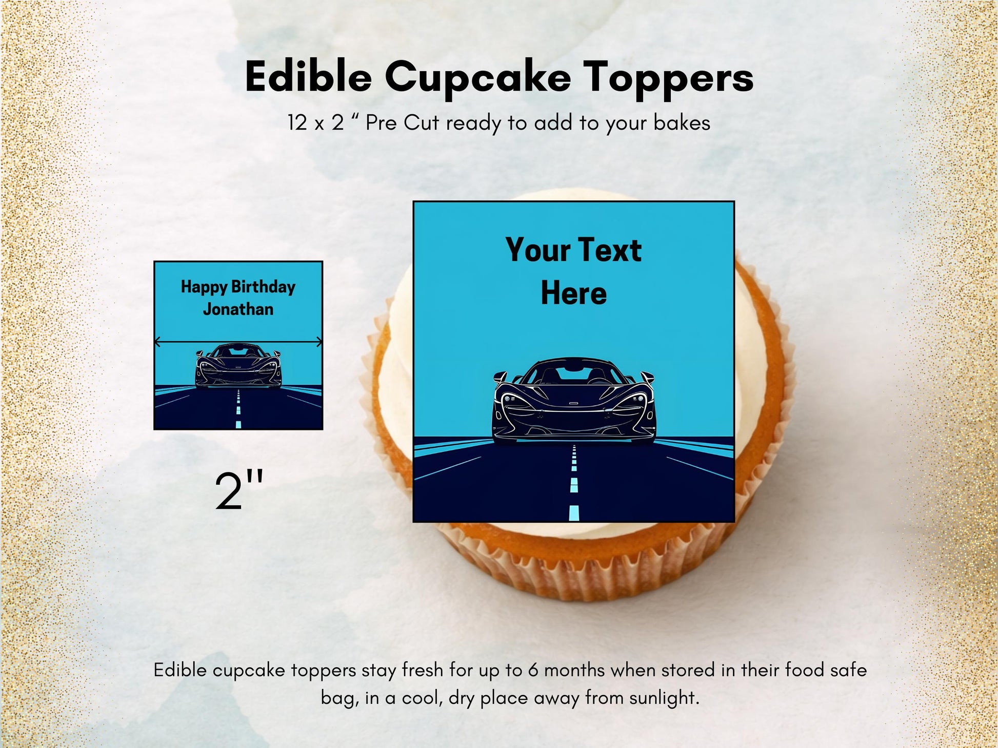 Personalised Sports Car Edible Cupcake Toppers - 2" Wafer Paper, Card, Icing Sheet