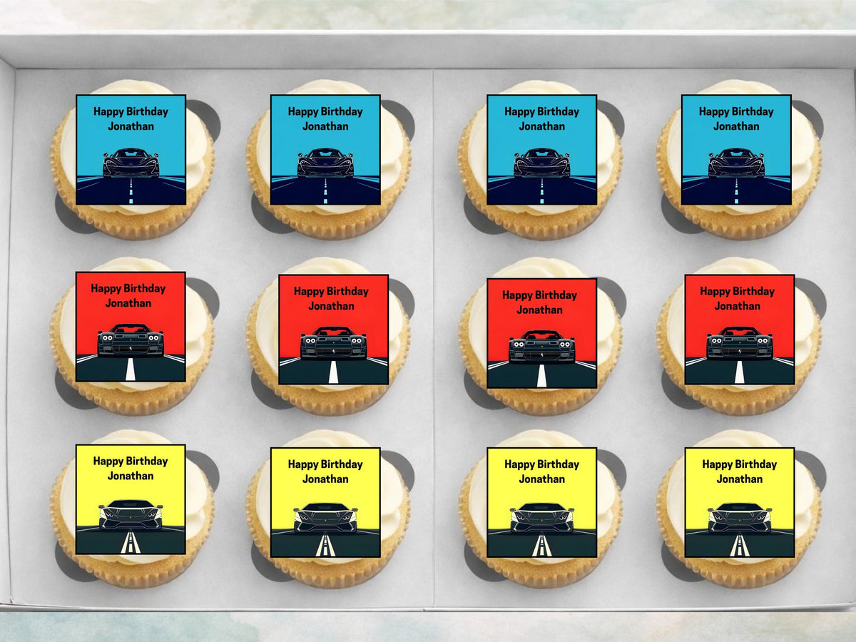 Personalised Sports Car Edible Cupcake Toppers - 2" Wafer Paper, Card, Icing Sheet